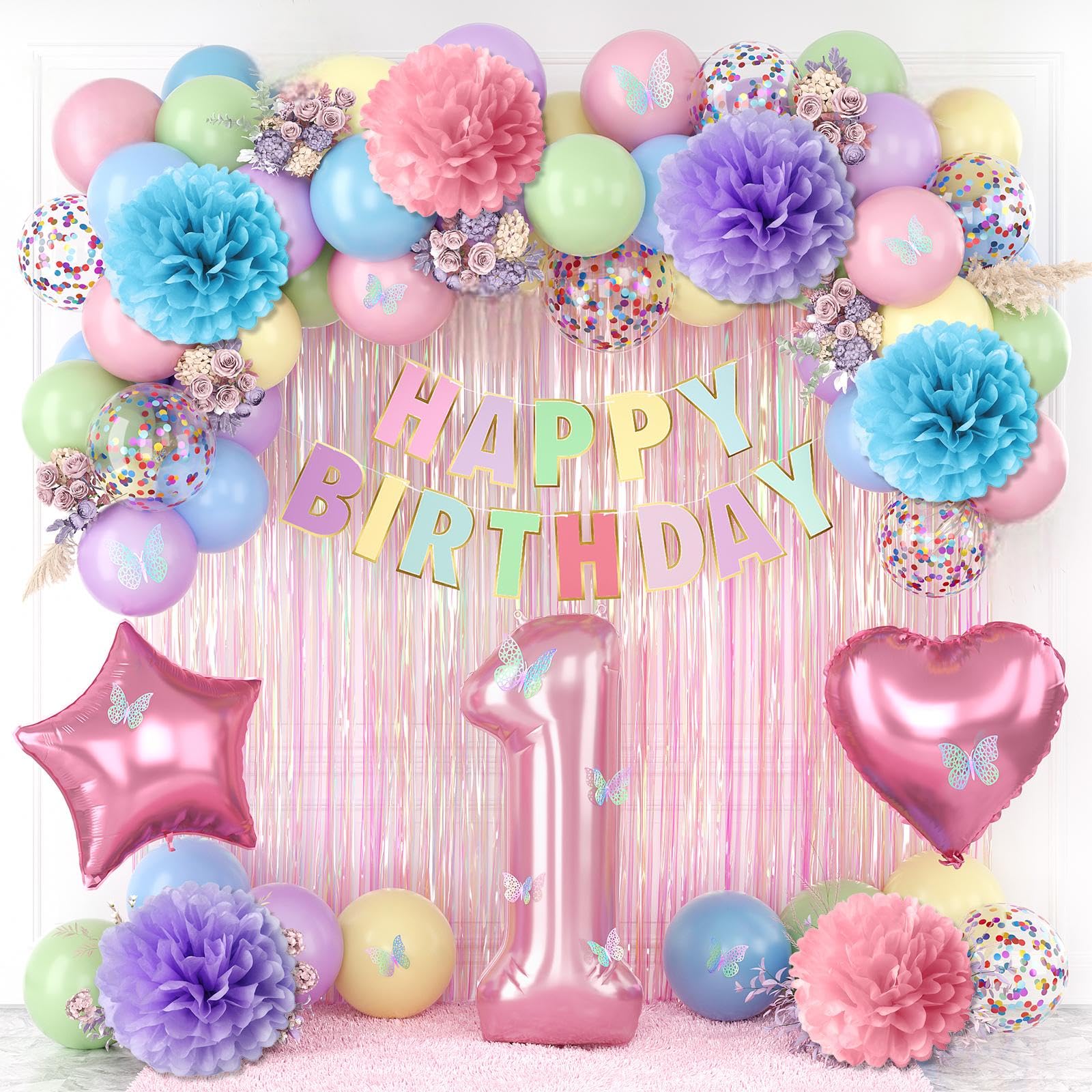 Pastel 1st Birthday Colorful Party Decorations Girls Pink Number 1 Balloon