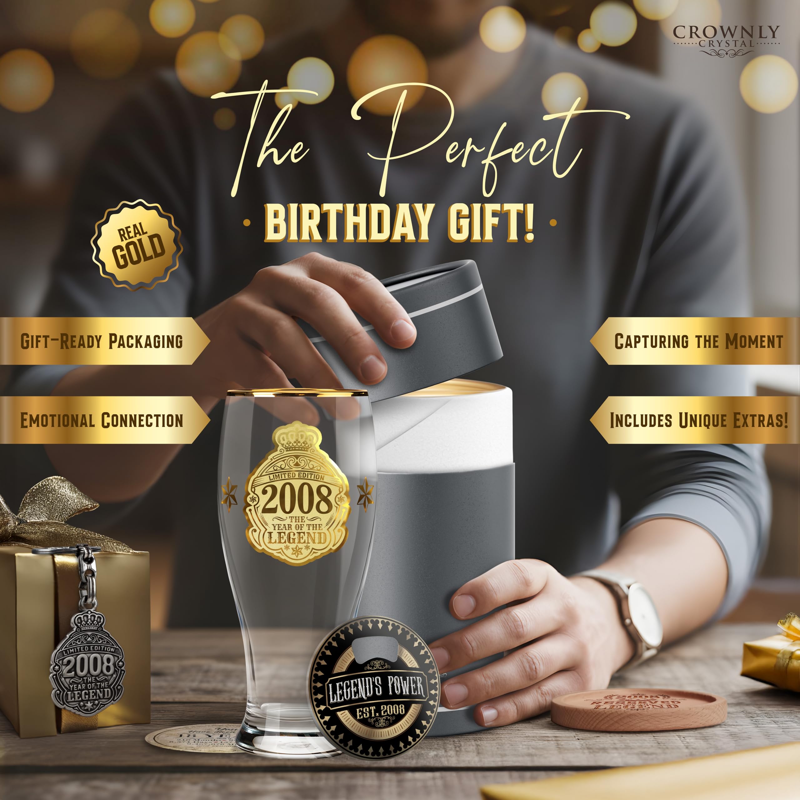 CROWNLY CRYSTAL® 2008 Regalo 18 Anni Ragazzo Bicchieri Birra 570 ml Bicchieri Personalizzati Decorazioni Compleanno 18 Biglietto Auguri 18 Anni Regalo Compleanno Uomo Regalo Amica Regalo Amico