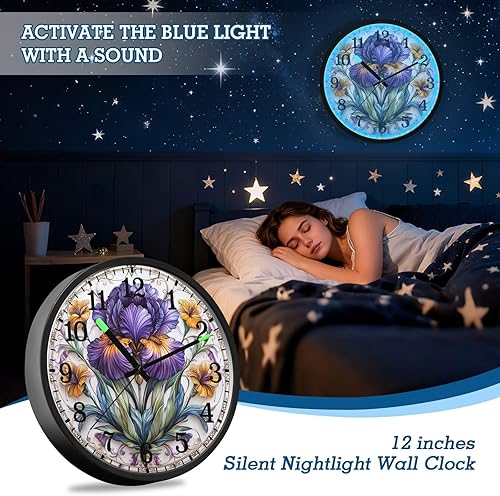 Miniatura 7 de Luminous Voice-Activated Clocks Non-Ticking Silent Battery Operated Small Analog Clock Retro Iris Flower Pattern 12 Inch Decorative for Kitchen