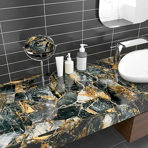 Miniatura 2 de CHIHUT Papel de contacto de mármol brillante para encimeras de oro negro de 17.7 x 236 pulgadas, papel de contacto de mármol brillante para