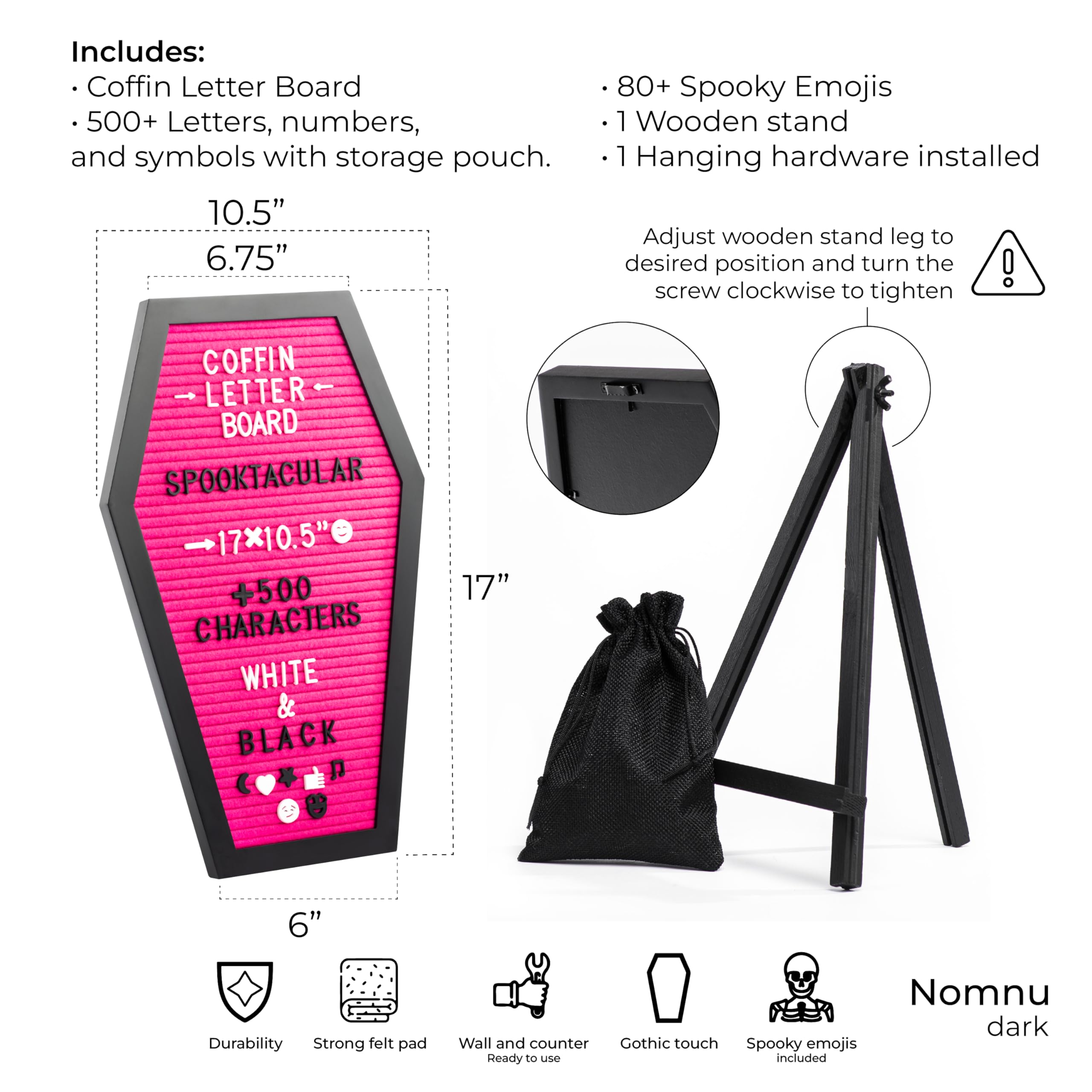 Coffin Letter Board +3D Bat Stickers +650 Characters, Spooky & Seasonal Emojis, Wooden Stand - 17x10.5 Inches - Coffin Shaped Goth Decor Sign Witchy Halloween Decorations Gothic Decor Birthday Wedding Home Spooky Gifts: Pink