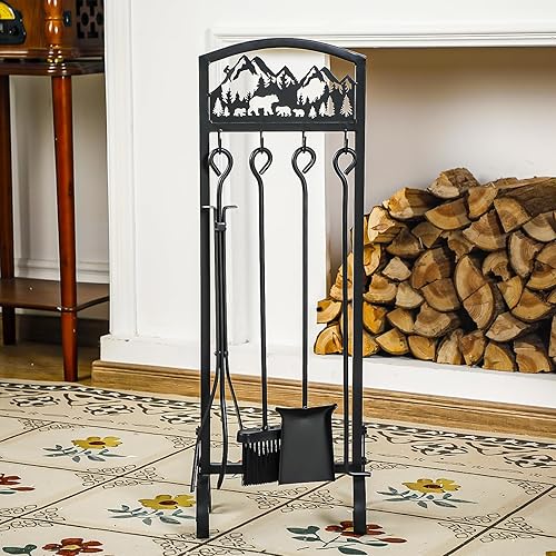 Juego de 5 herramientas para chimenea de oso, juego de chimenea de hierro con asa, herramientas de chimenea, incluye cepillo de póquer chapado en