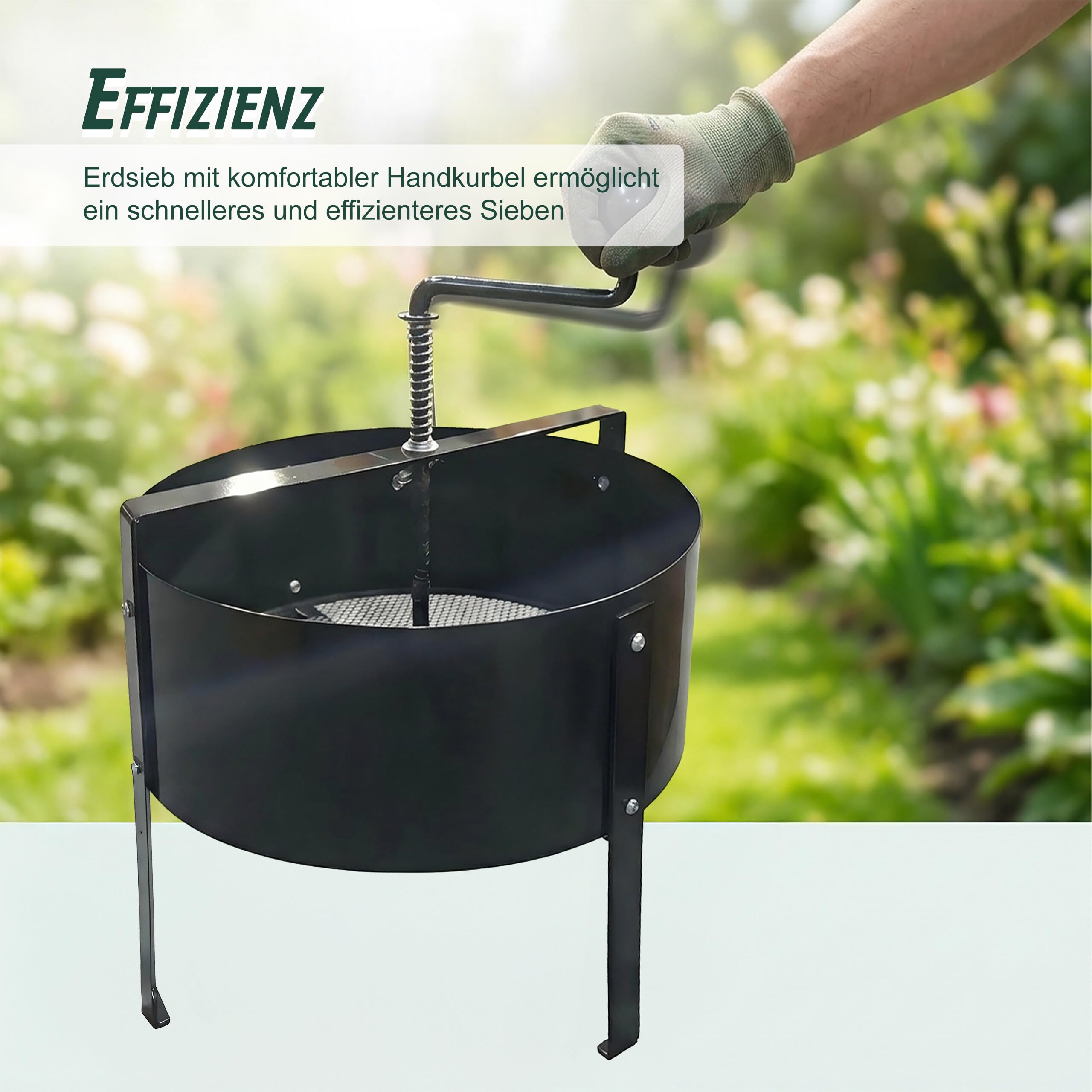 Relaxdays Gartensieb, Handkurbel, Ø 40 cm, Erde, Steine, Sand, Stahl, stehend, feinmaschiges Kompostsieb, schwarz