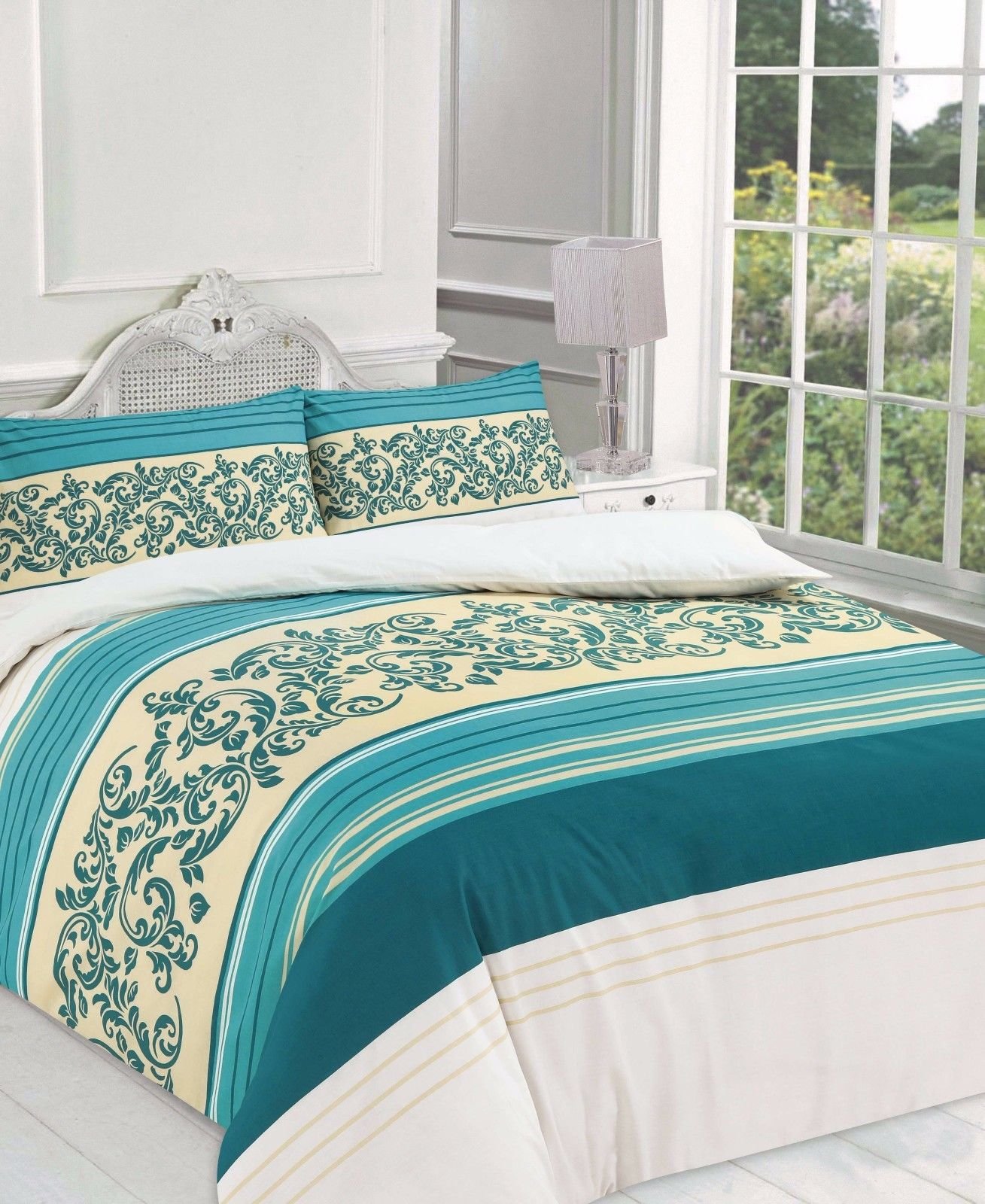 Bluemoon Bedding Teal Camilla Floral Stripes Duvet Quilt Cover Set,Duvet Cover With Matching Pillow Cases (, King)