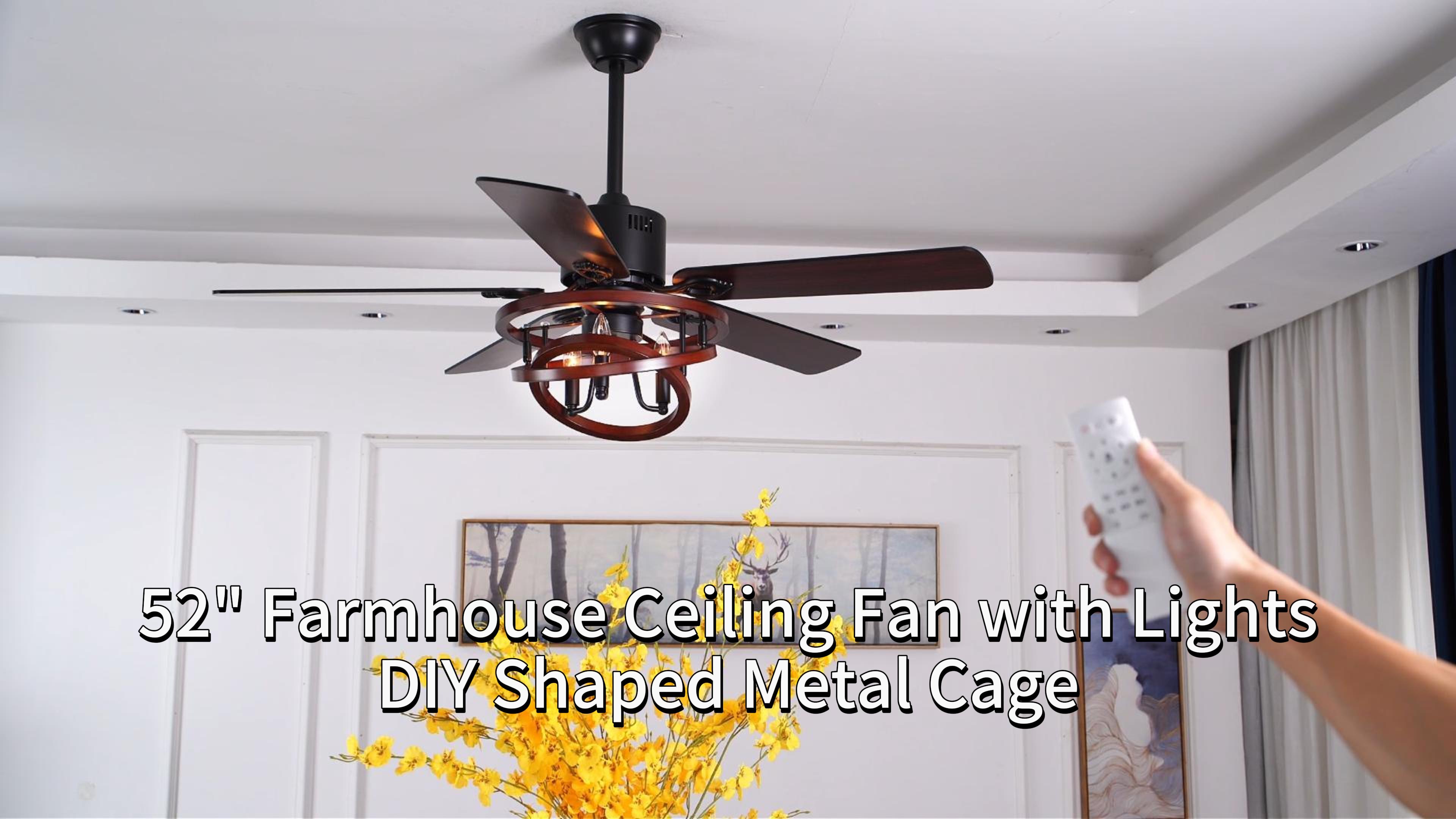 Image of 52 inch Farmhouse Ceiling Fan with Lights and Remote Rustic Fandelier | DIY Shape Caged Chandelier Light, for Bedroom Living Room Indoor, 3 E12 Bulbs (Not Included), Reversible Quiet DC Motor
