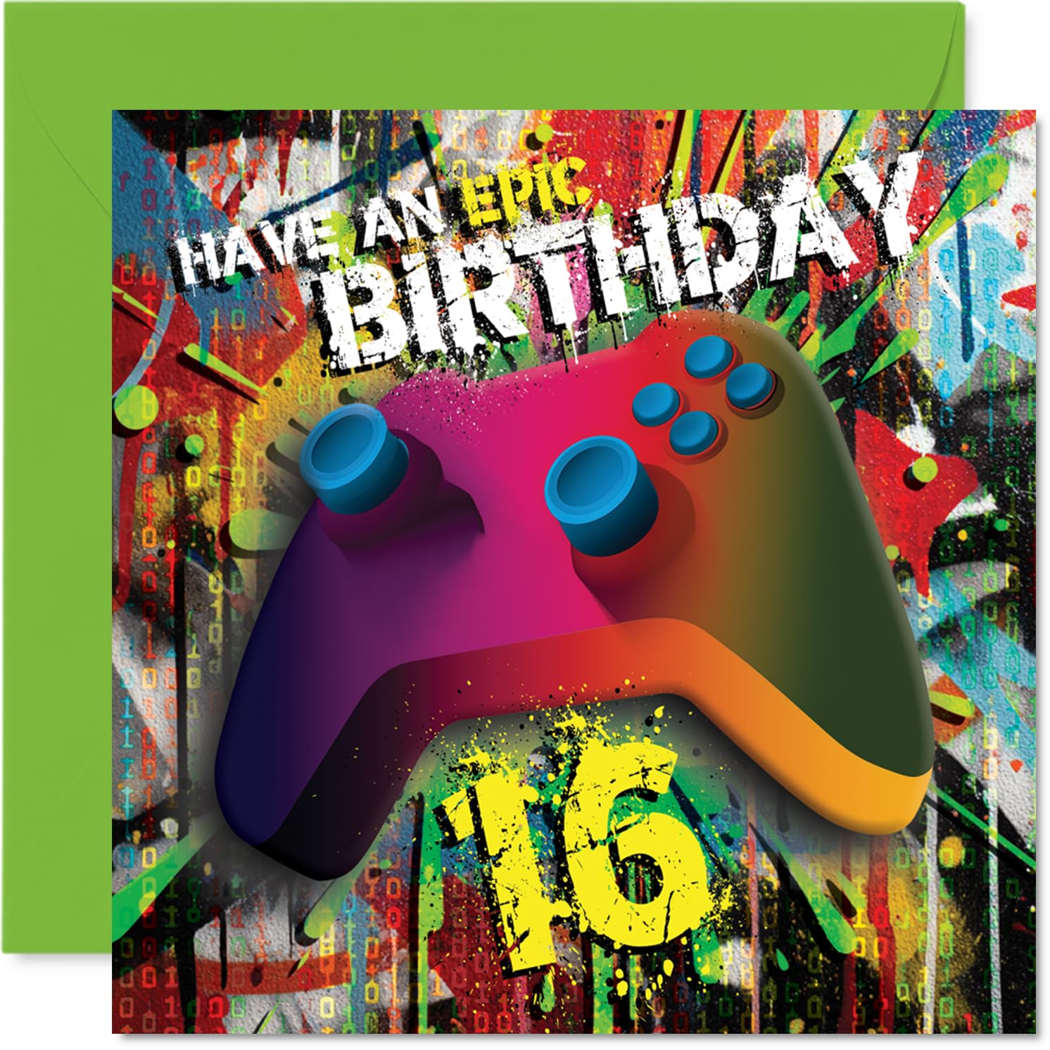 Playful 16th Birthday Card - Level Up the Birthday Fun - Bold Gaming Controller on a Vibrant, Multicolour Backdrop - 145mm Square, Envelope Included