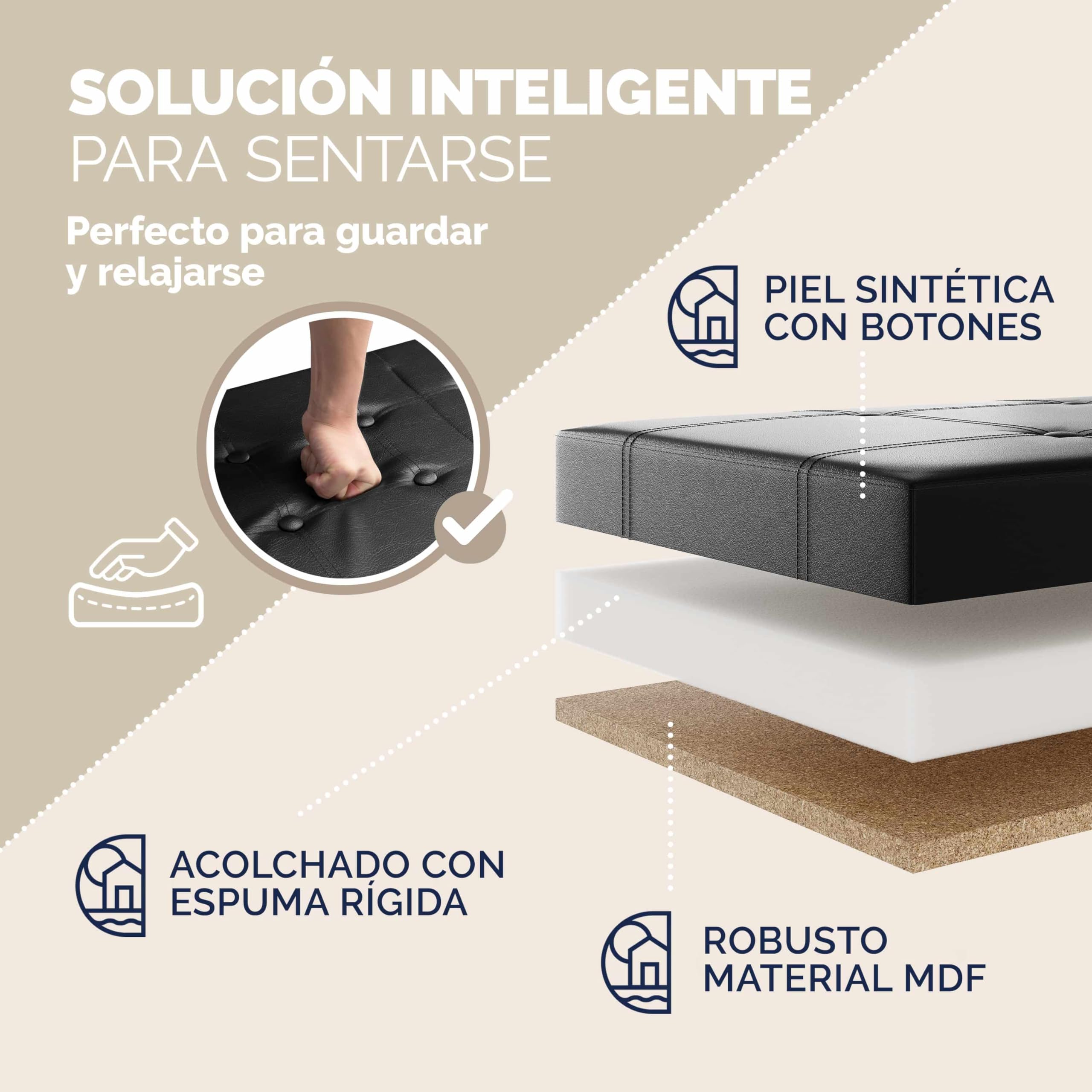 CASARIA® Banco Almacenaje Baúl Capacidad 100L Carga hasta 300kg Resistente 80x40x40cm Puff Otomana Plegable Tapizado Acolchado Salón Dormitorio Entrada Negro