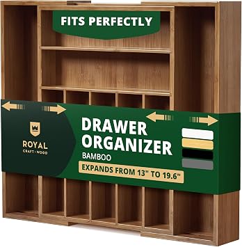 ROYAL CRAFT WOOD Luxury Bamboo Kitchen Drawer Organizer - Silverware Organizer - Utensil Holder and Cutlery Tray with Grooved Drawer Dividers for Flatware and Kitchen Utensils 9 Slot, Brown Bamboo
