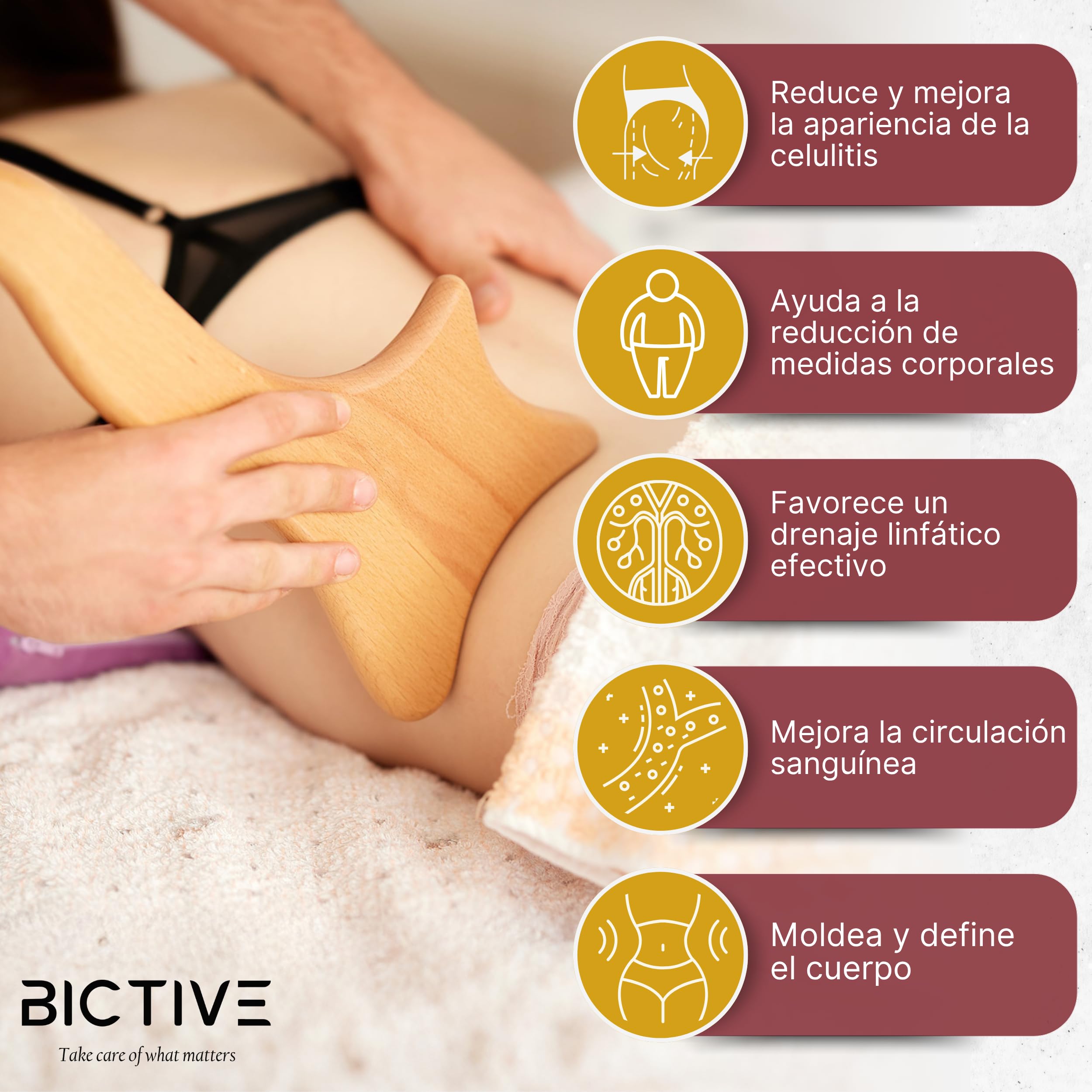 Kit Maderoterapia Corporal 4 en 1 Calidad Profesional. Masajeador Celulitis, Drenaje Linfatico Piernas y Abdomen. Rodillo, Copa, Pala y Cinturón de Maderoterapia para Masaje. Madera de Haya.