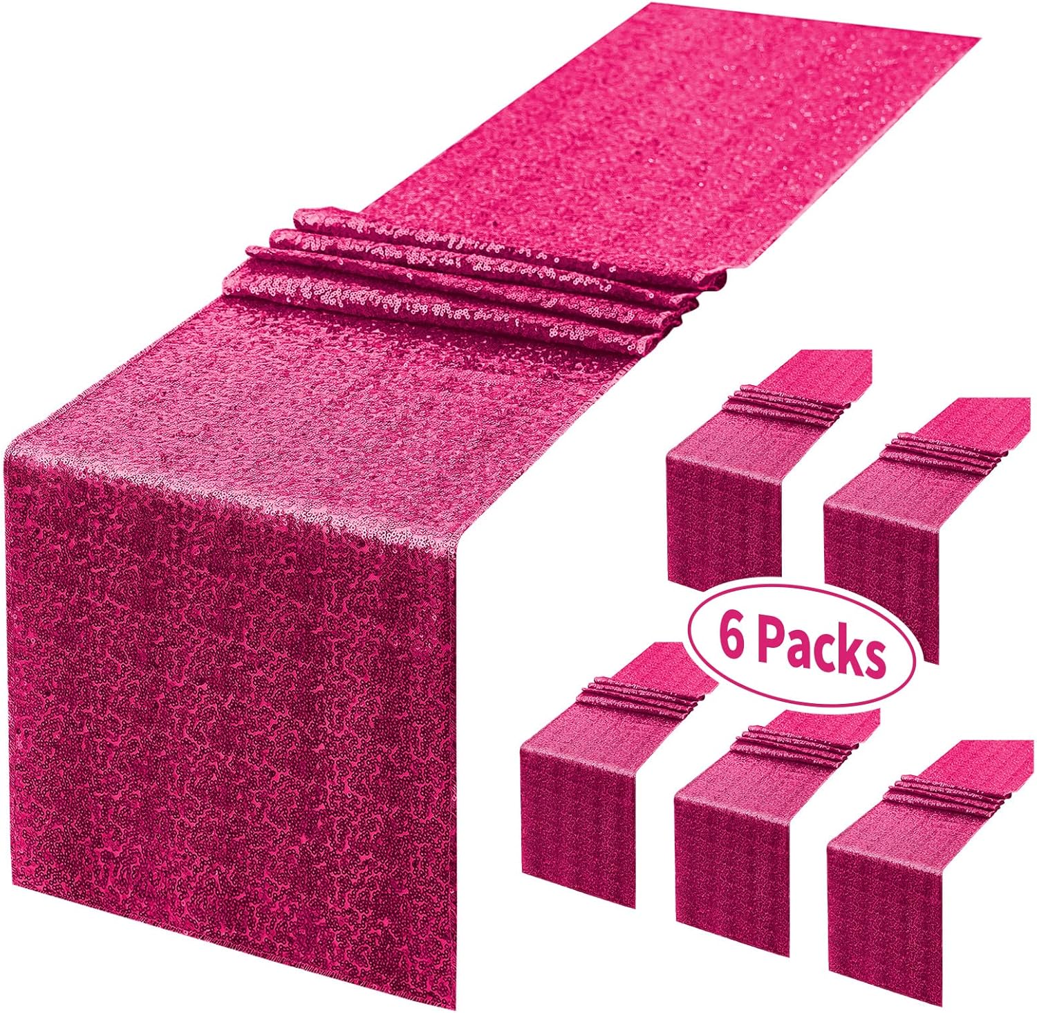 YUHX 6 Pack Fuchsia Sequin Table Runner, 12" x 72" Glitter Sparkle Fuchsia Table