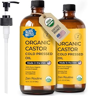 Zen Routine Organic Castor Oil (Glass Bottle - 16oz / 2-Pack) Hexane Free – Hair Growth Oil, Eye Lashes & Stomach, Pure 100% Cold Pressed Unrefined Castor Pack Wrap – USDA Certified, Made in the USA