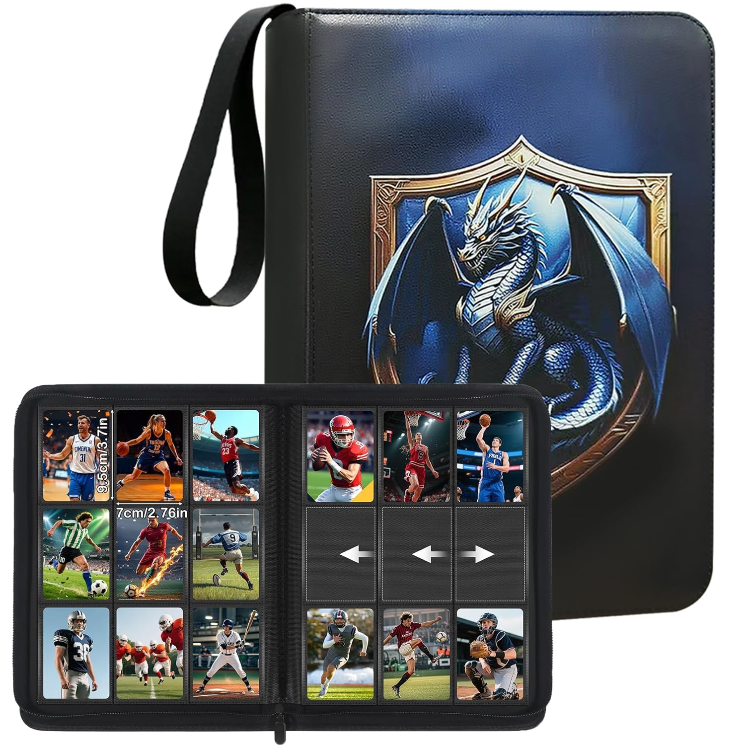 Carpeta de tarjetas coleccionables de 9 bolsillos, soportes para tarjetas deportivas de baloncesto, álbumes de tarjetas coleccionables de 360 grados con asa, 20 páginas de carga lateral, carpeta con