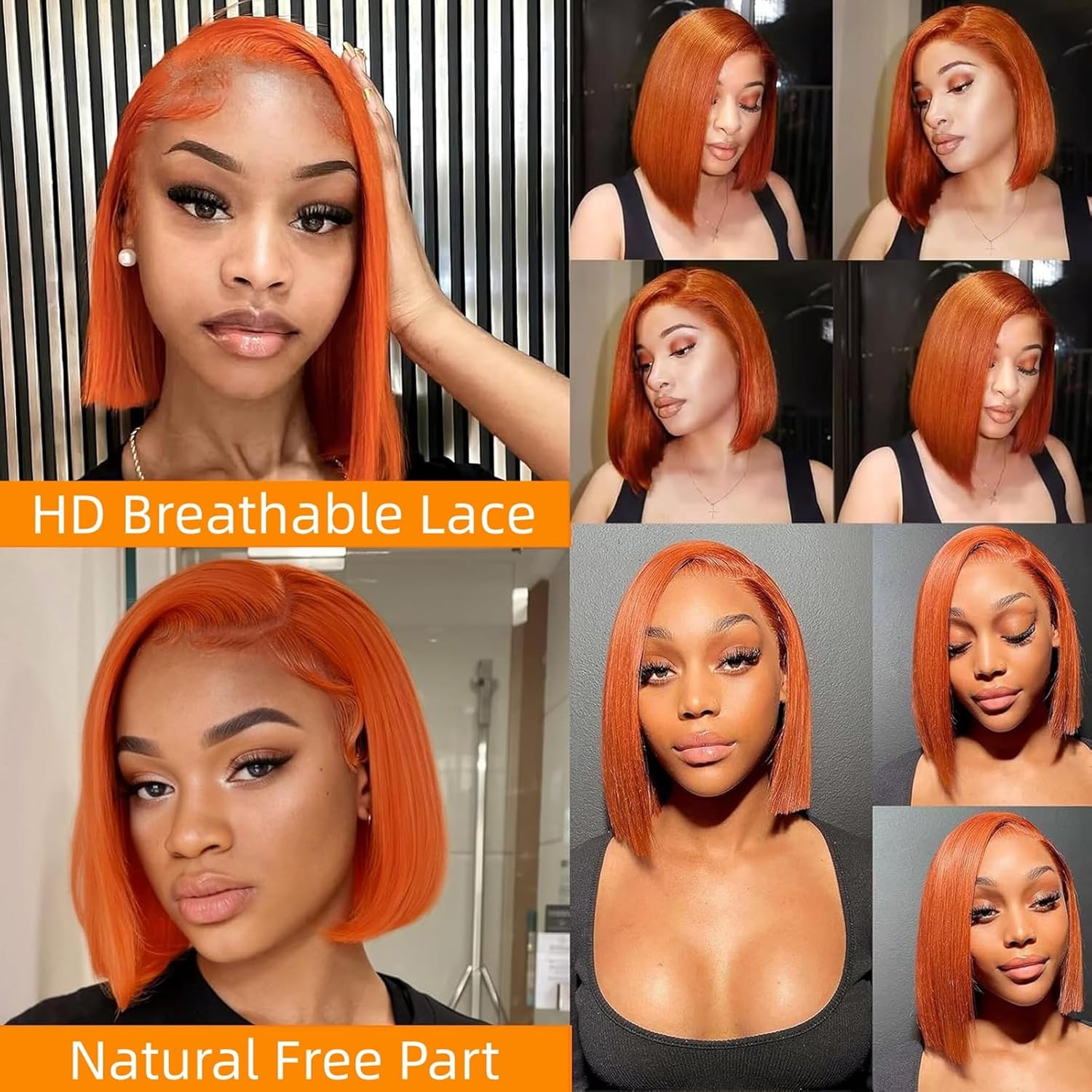 #350 Ginger Bob Wigs Human Hair 13x6 HD Transparent 180% Density 12 Inch Ginger Orange Straight Bob Lace Frontal Human Hair Wigs for Women Pre Plucked Wear and Go Glueless Wigs Short Bob Colored Wig