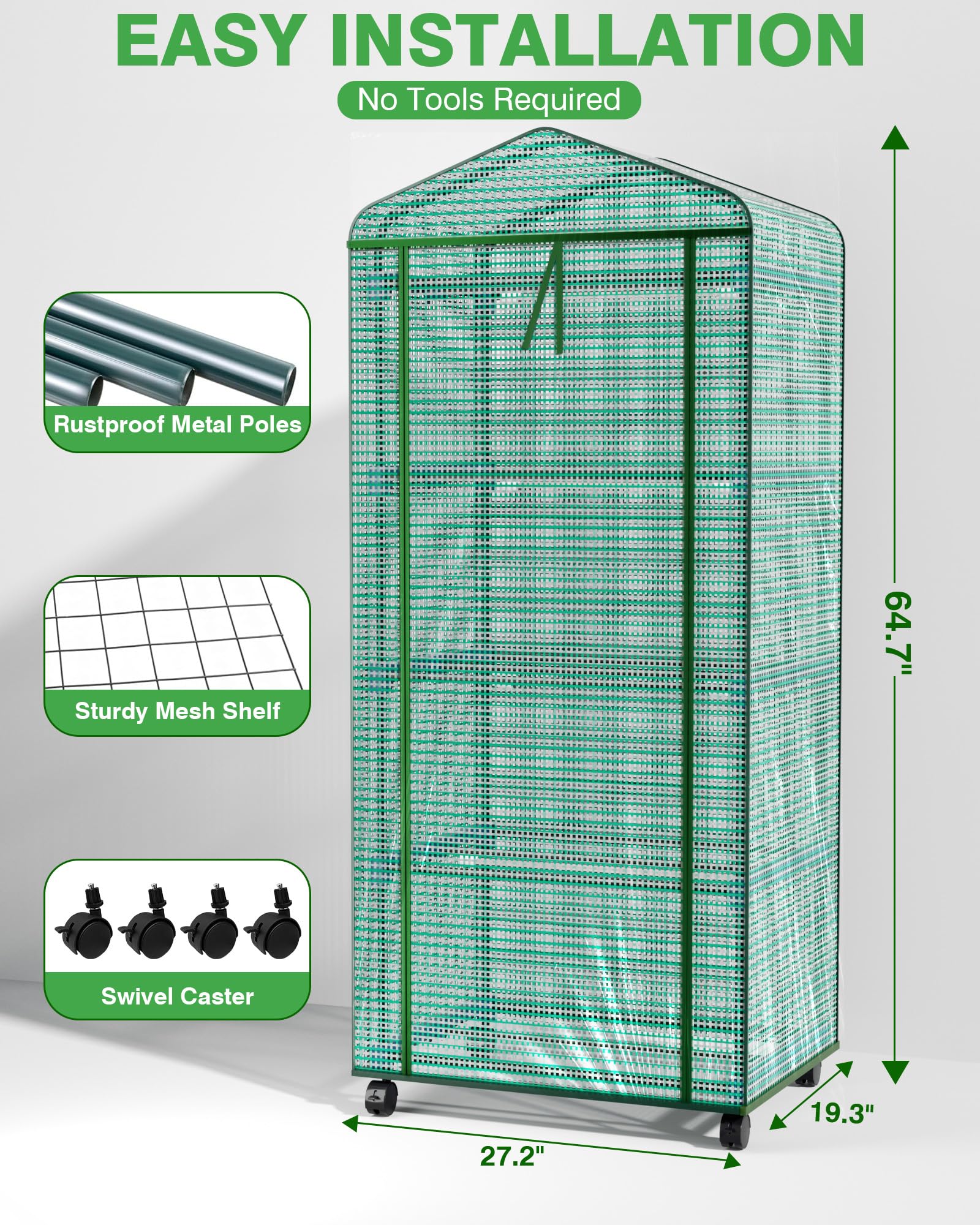 PYY Mini serra per interni con luce di crescita, piccola armadio portatile per piante verdi con ruote, termometro, copertura per tenda in PE, 4 ripiani da giardinaggio regolabili da