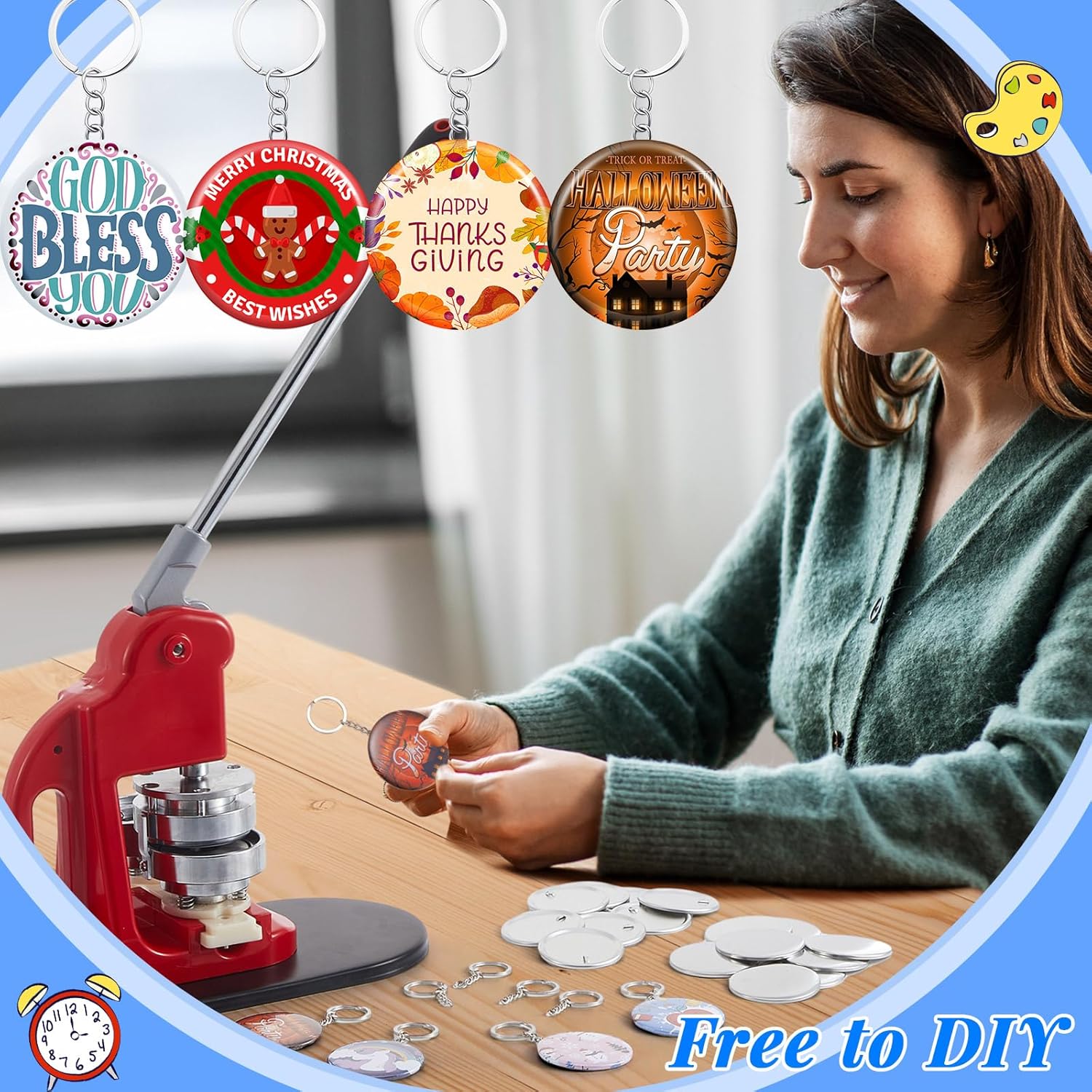 Tondiamo 100 Sets 58 mm/ 2.25 Inch Button Maker Keychains Supplies Metal Button Badge Sets Including Metal Shell, Plastic Film, Backing Parts, Keychain for Maker Machine DIY Christmas Gifts
