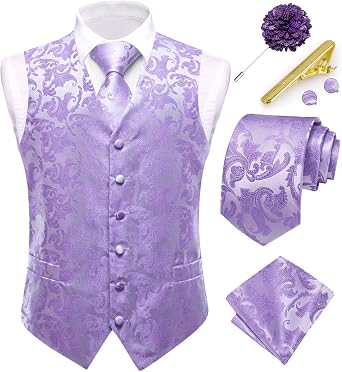 Dubulle Mens Vest and Tie Set Paisley Floral Waistcoat Neckties for Men Lapel Pin Clip Set Wedding Business
