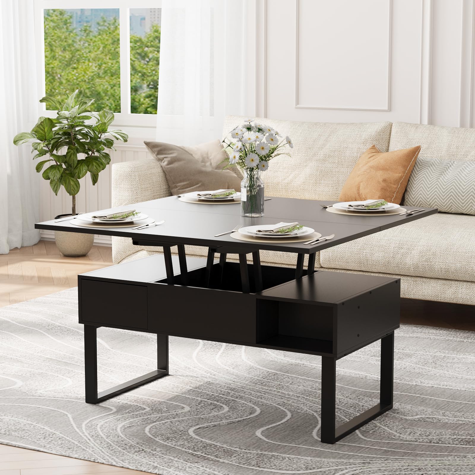 VOWNER Mesa de Centro de Altura Ajustable, Mesa de Salón Multifuncional 3 en 1 con 2 Cajones y Almacenamiento Oculto, se Puede Utilizar como Mesa de Comedor (Negro)