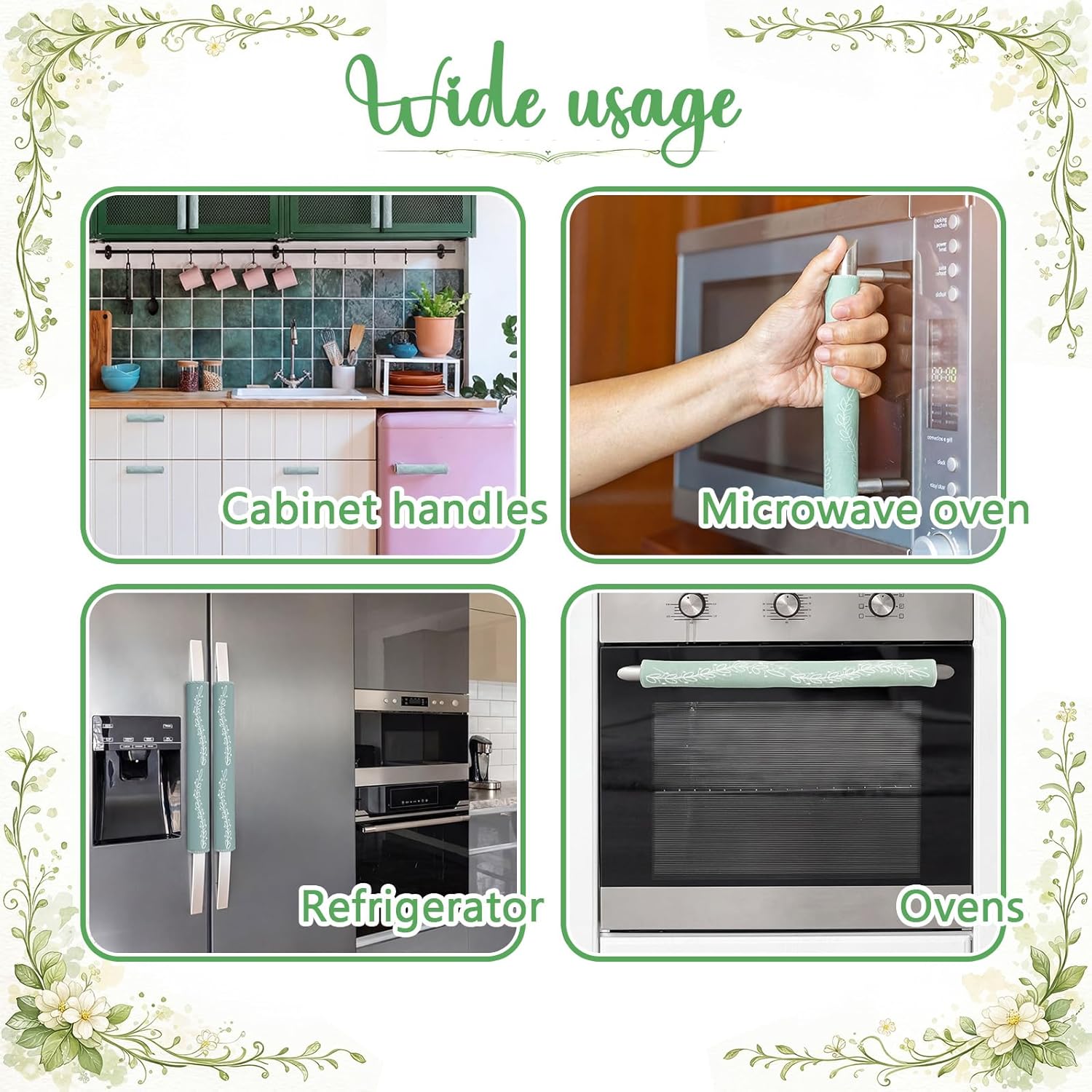 6 Pieces Sage Green Refrigerator Door Handle Cover with Vine Leaves Patterns for Kitchen Cabinets Microwave Oven or Dishwasher, Appliance Handle Covers for Decorations, Indoor Decor