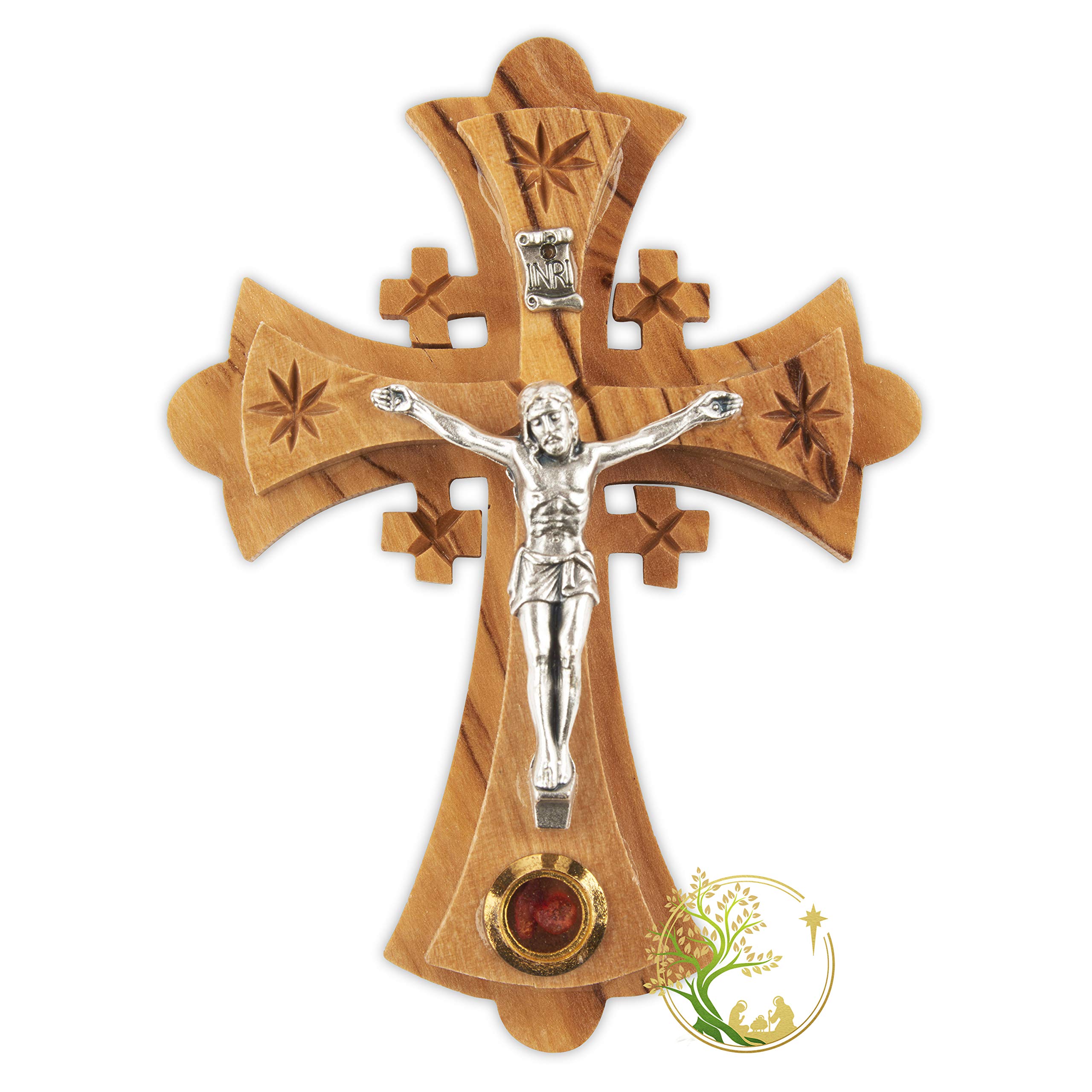 PHLG Small Jerusalem wooden Cross | Crucifix - Holy Land incense in tiny glass. Holy Wall Cross gift | Favor for baptism, Holy Communion, christening & Christmas
