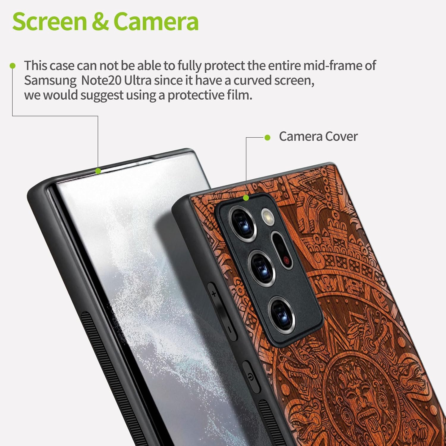 Carveit Wood Case for Galaxy Note20 Ultra Case [Natural Wood & Black Soft TPU] Protective Unique Wooden Cover Compatible with Samsung Note20 Ultra (Echoes of The Maya-Rosy)