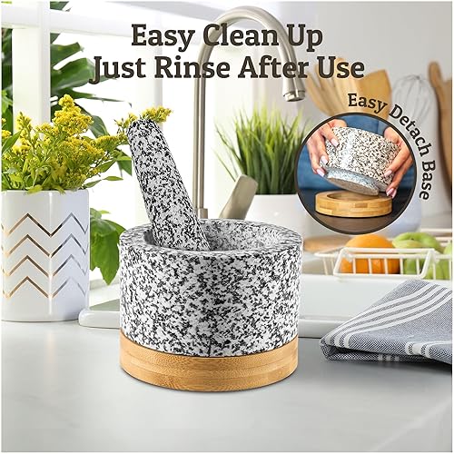 Miniatura 5 de Juego de mortero y mortero de alta resistencia con base de bambú, 2 tazas grandes, mortero de granito 100% natural y cuenco de molinillo de piedra