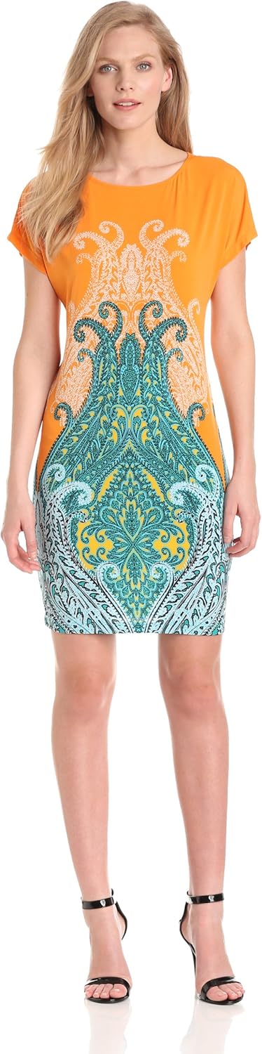 London Times Women's Short Sleeve Printed Shift Dress, Sweet/Orange, 4 ...