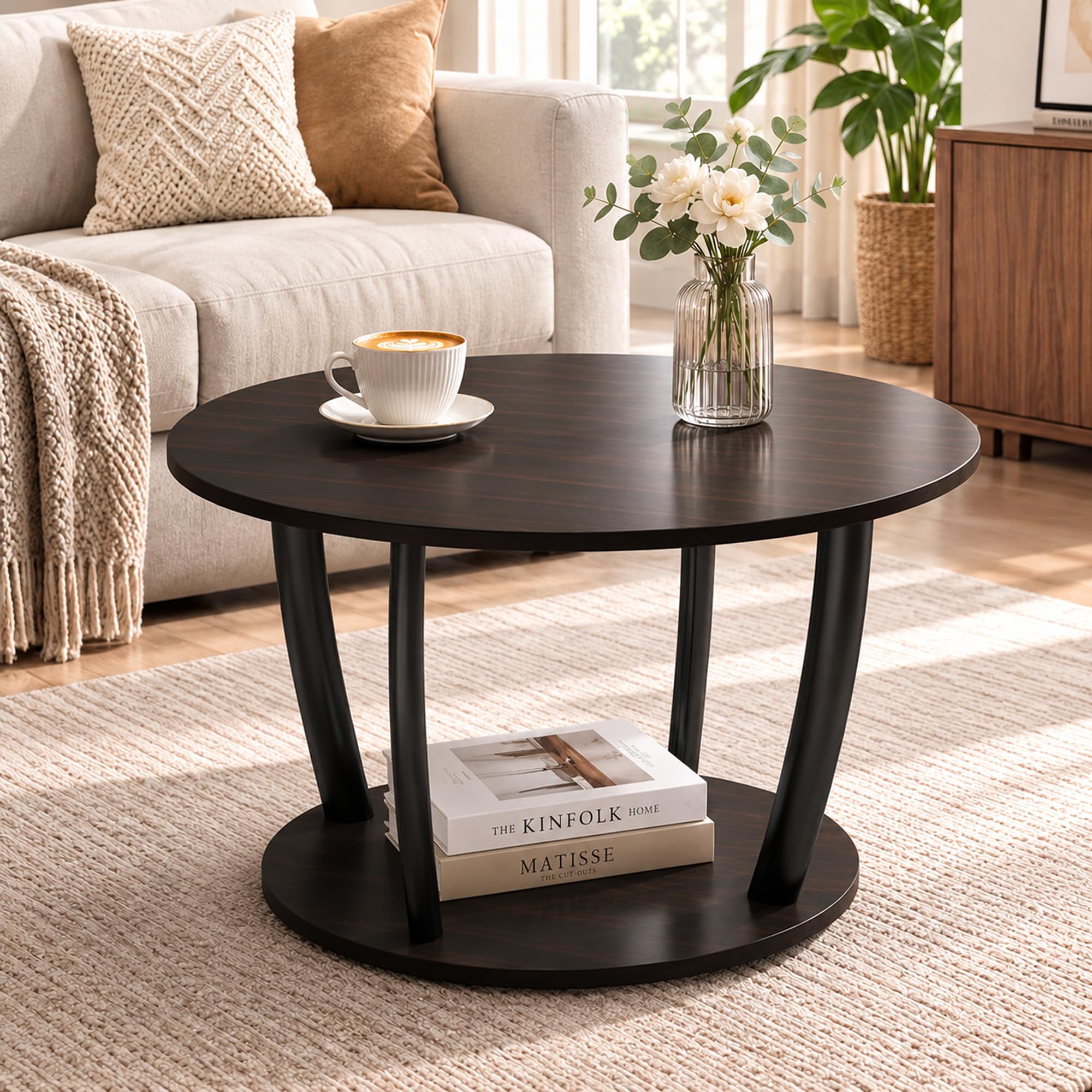 Manora Table Basse Ronde 2 Niveaux, Table Basse en Bois 73 x 42 x 50 cm, Cadre Métal, Table Ronde en Bois Style Industriel pour Salon et Canapé, Résistante à l'eau et aux Rayures (Marron Foncé)