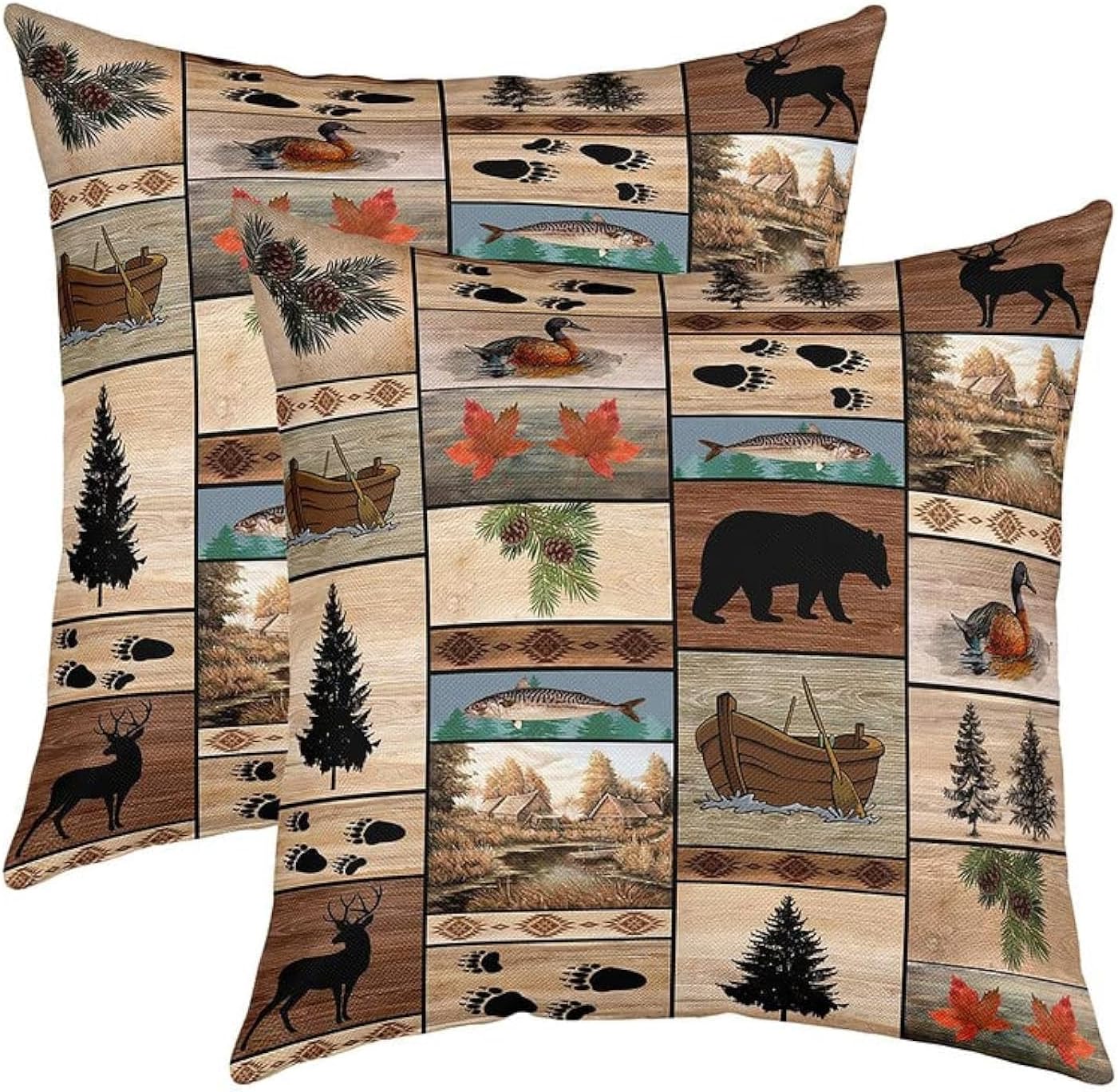 Fish Throw Pillow Covers 22"x22" Set of 2 Soft for Smoky Mountain Decorative Throw Pillowcases Fish Hook Fishing Theme Pillow Cases Cushion Covers Bedroom Sea Animal Farmhouse Brown Cushion Cases