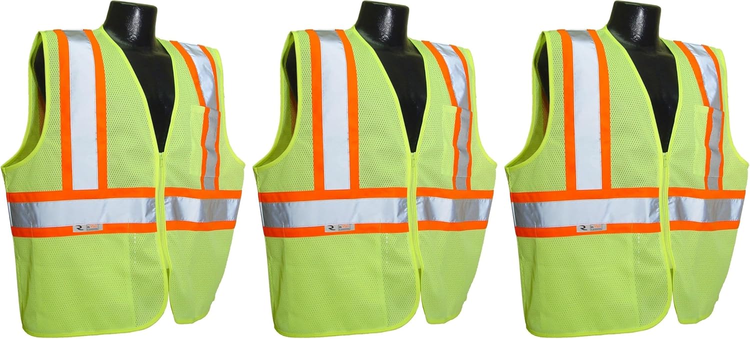 Radians SV22-2ZGM-M Polyester Mesh Economy Class 2 High Visibility Zipper Closure Vest with Two-Tone Trim, Medium, Green (Pack of 3)