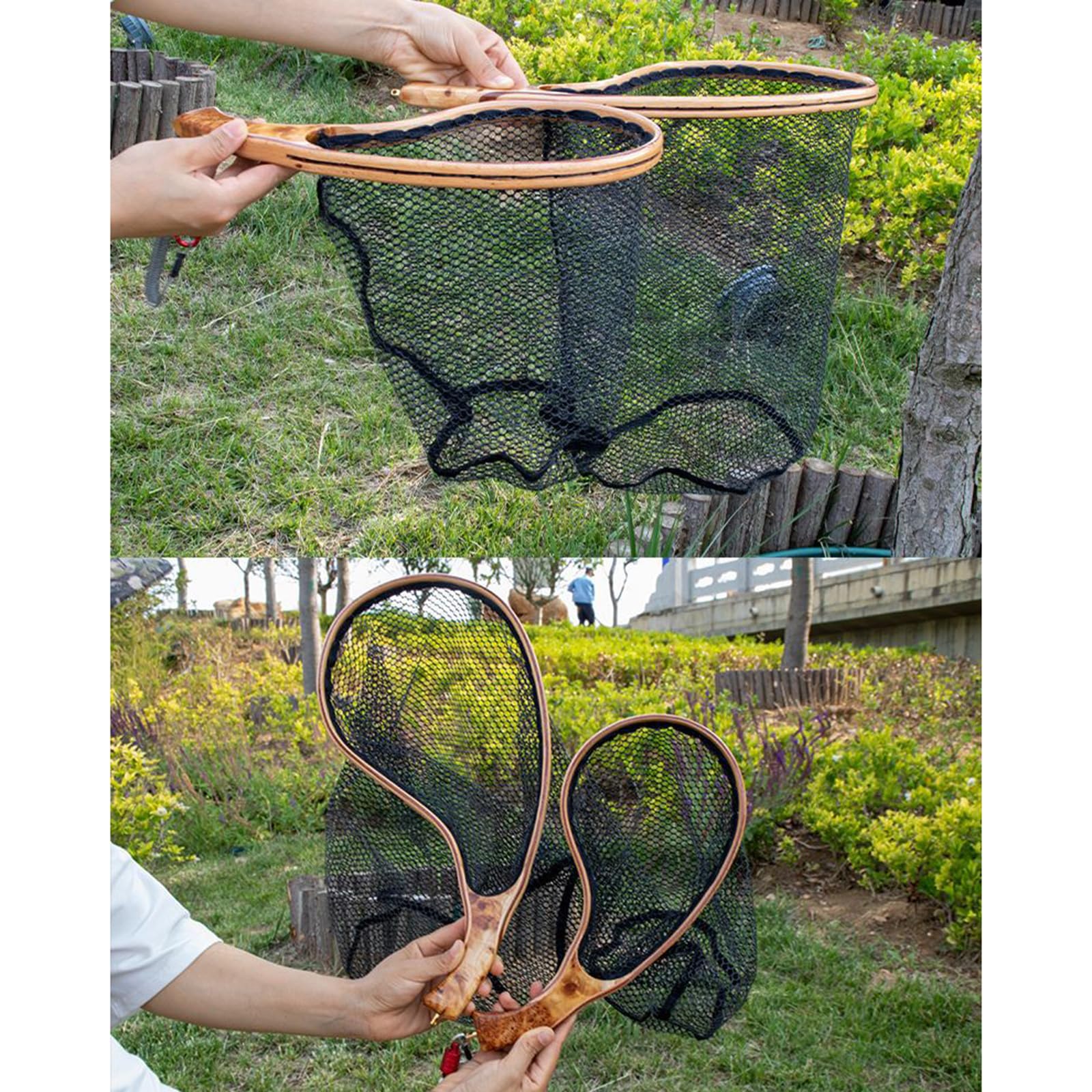 Malla reforzada con diseño de secado de enredos | Malla de nailon seco, mango de madera curvado, agarre ergonómico, diseño de secado, equipo de pesca al aire libre