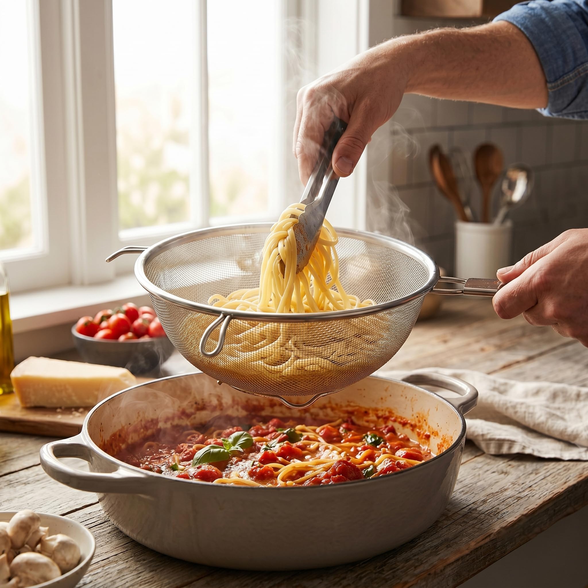 Scolapasta Acciaio Inox Maglia Fine - Colino Acciaio Inox Maglia Fine - Colino Cucina - Scolapasta con Manico, Filtro per Pasta, Riso, Verdura - Scola Pasta da Cucina - 22 cm