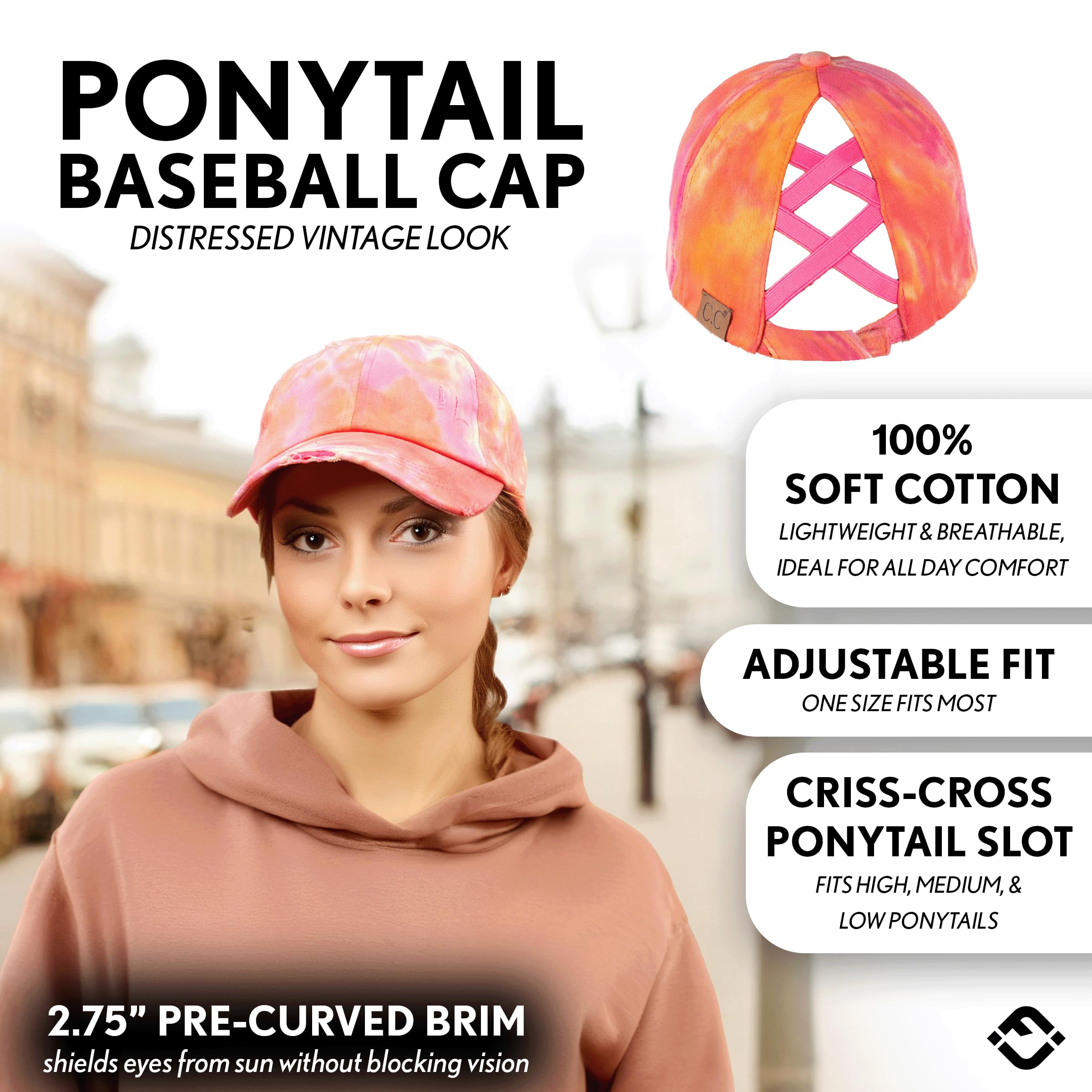 Funky Junque Women's Distressed Ponytail Trucker Hat with Criss Cross Ponytail Hole Messy Bun Ball Cap High Bun American Flag - Tie Dye - Hot Pink Mix