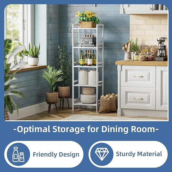 HITNET White Bamboo Bookshelf, Tall Narrow Bookcase 5-Tier Freestanding Bathroom Storage Shelf, Space Saving Plant Display Stand with Adjustable Shelves