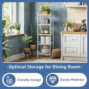 HITNET White Bamboo Bookshelf, Tall Narrow Bookcase 5-Tier Freestanding Bathroom Storage Shelf, Space Saving Plant Display Stand with Adjustable Shelves