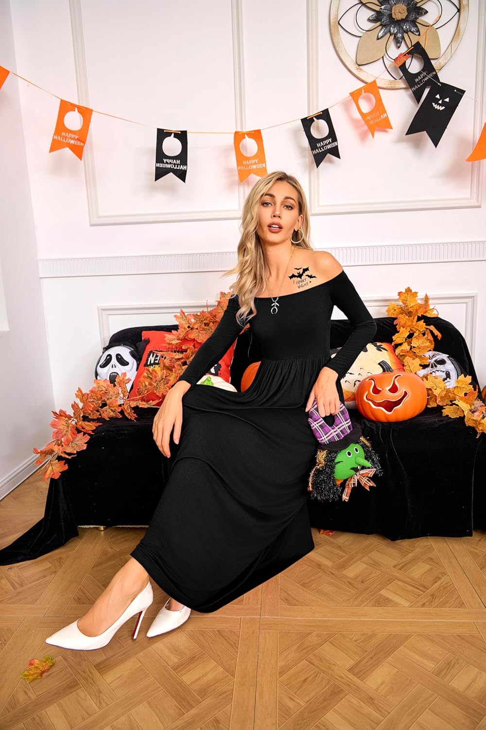 Amoretu Dresses for Women Long Sleeve Off Shoulder Maxi Flowy Casual Loose Plain Dress with Pockets - Image 3