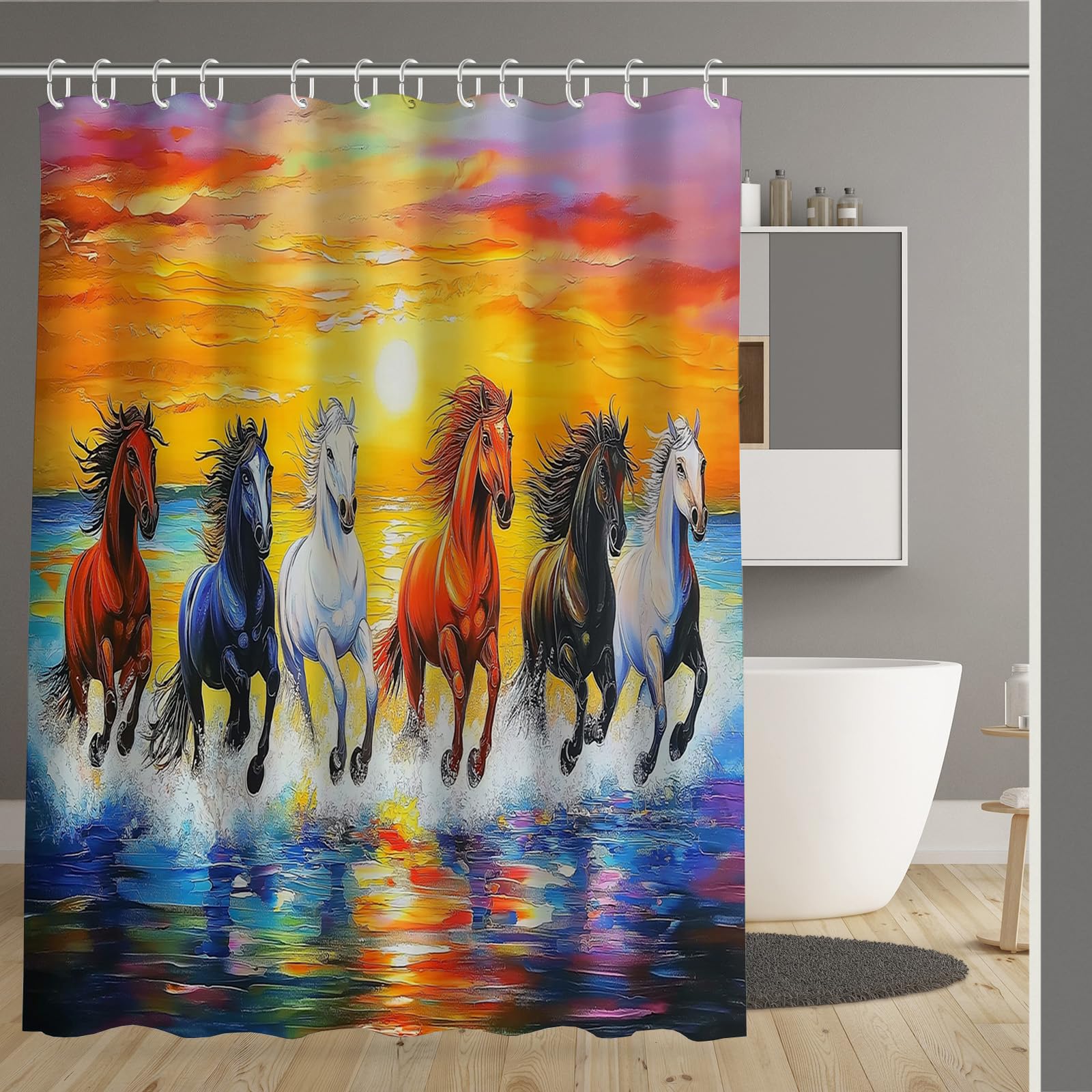 Rideau de douche cheval coucher du soleil 180x180 cm imperméable en polyester pour baignoire