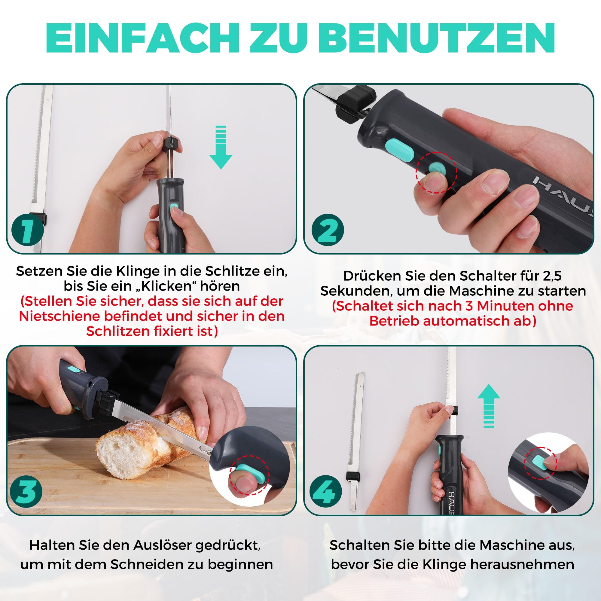 HAUSHOF Kabelloses Elektromesser 2000 mAh Edelstahlklingen mit Gabel Grau