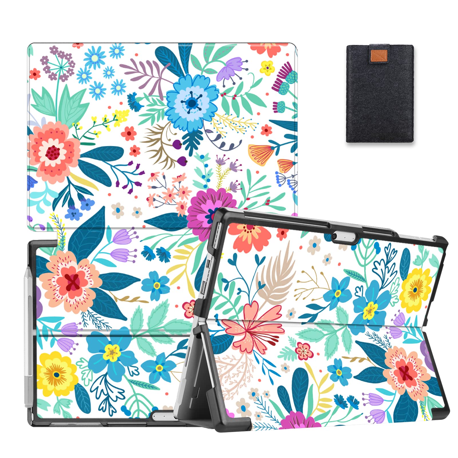 MAITTAOCase for Microsoft Surface Pro 7(2019) Pro 6(2018) Pro 5(2017) Pro 4(2015) 12.3 inch Tablet, Slim Folio PU Leather Flip Stand Cover Cases with Tablet Sleeve Bag, Colorful Flowers