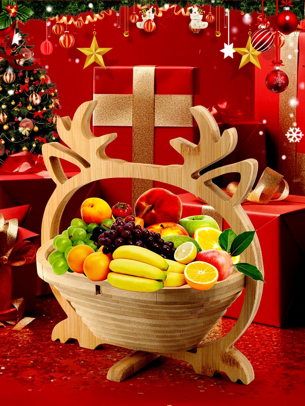 Kalolary Christmas Elk Wooden Fruit Basket - Foldable Bamboo Tray With Handle for Holiday Party Decorations and Dried Fruit Gifts - Image 4