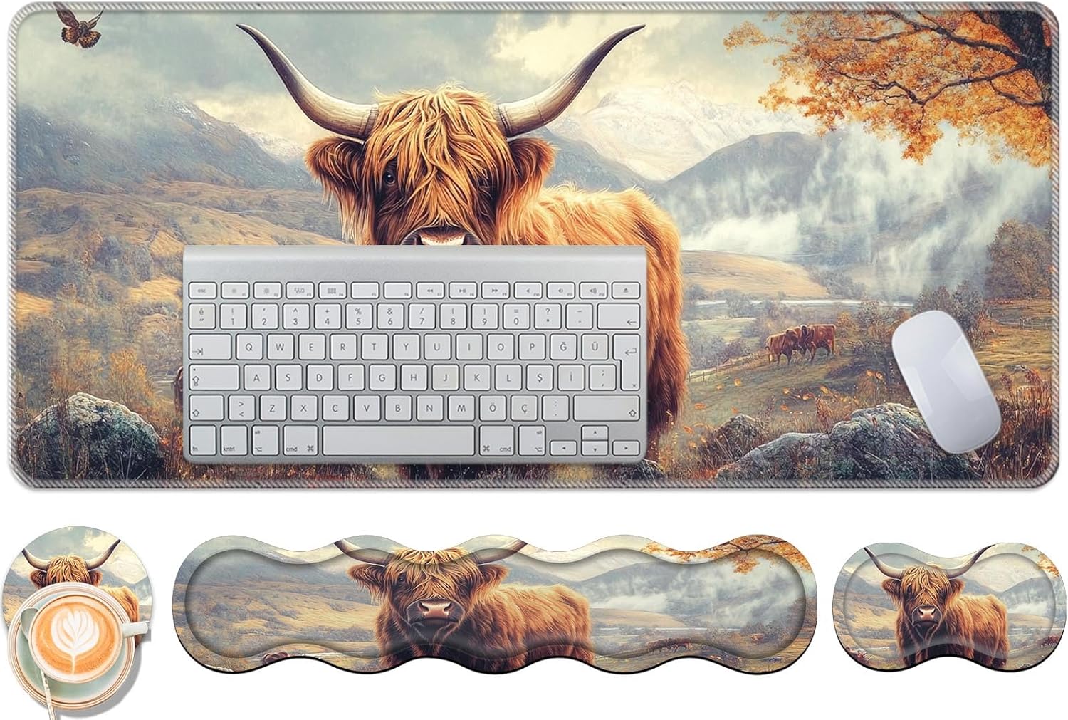 Keyboard Wrist Rest and Mouse Pad Set,31.5x11.8 Inches Desk Mat,Waterproof Non-Slip Ergonomic Wrist Support for Pain Relief,Extended Desk Protector for Office Home Gaming,Highland Cow
