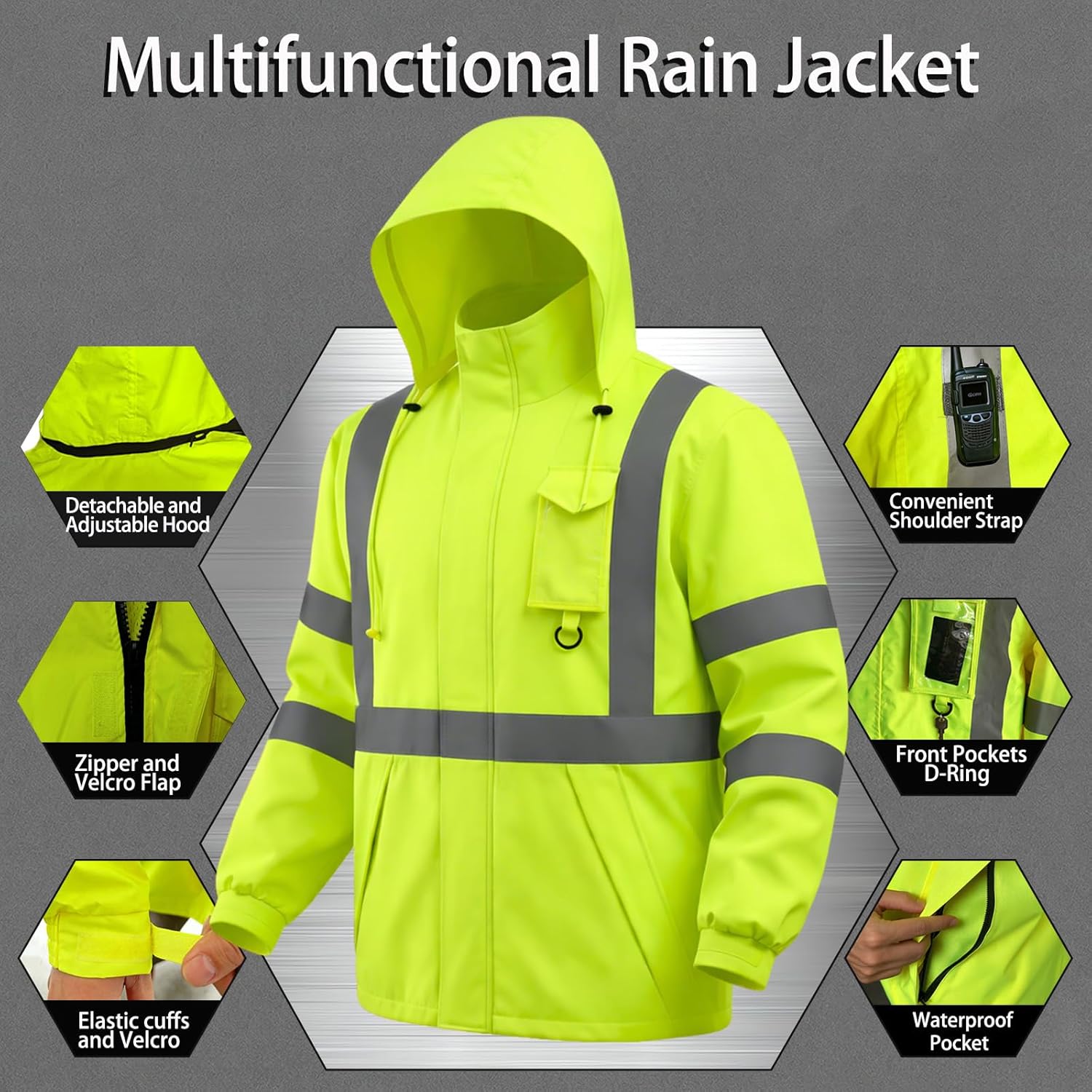 Hi Vis Class 3 Safety Rain Jacket for Men Waterproof, Reflective High Visibility Rain Gear Construction Rain Suit (Yellow L/XL)