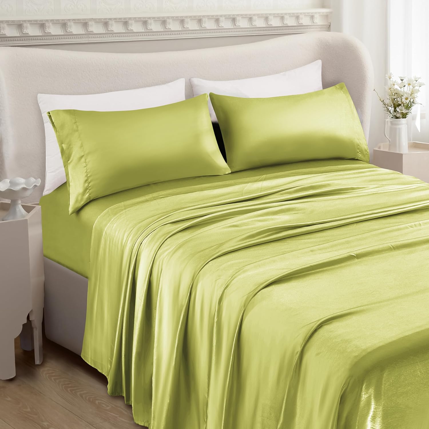 Mocassi Premium Satin 4-Piece Bed Sheet Set Ultra Smooth, Cooling, Gentle on Skin and Hair - Deep Pocket Fitted Sheet, Long-Lasting Wrinkle and Stain Resistant Fabric, King, Pistachio Green
