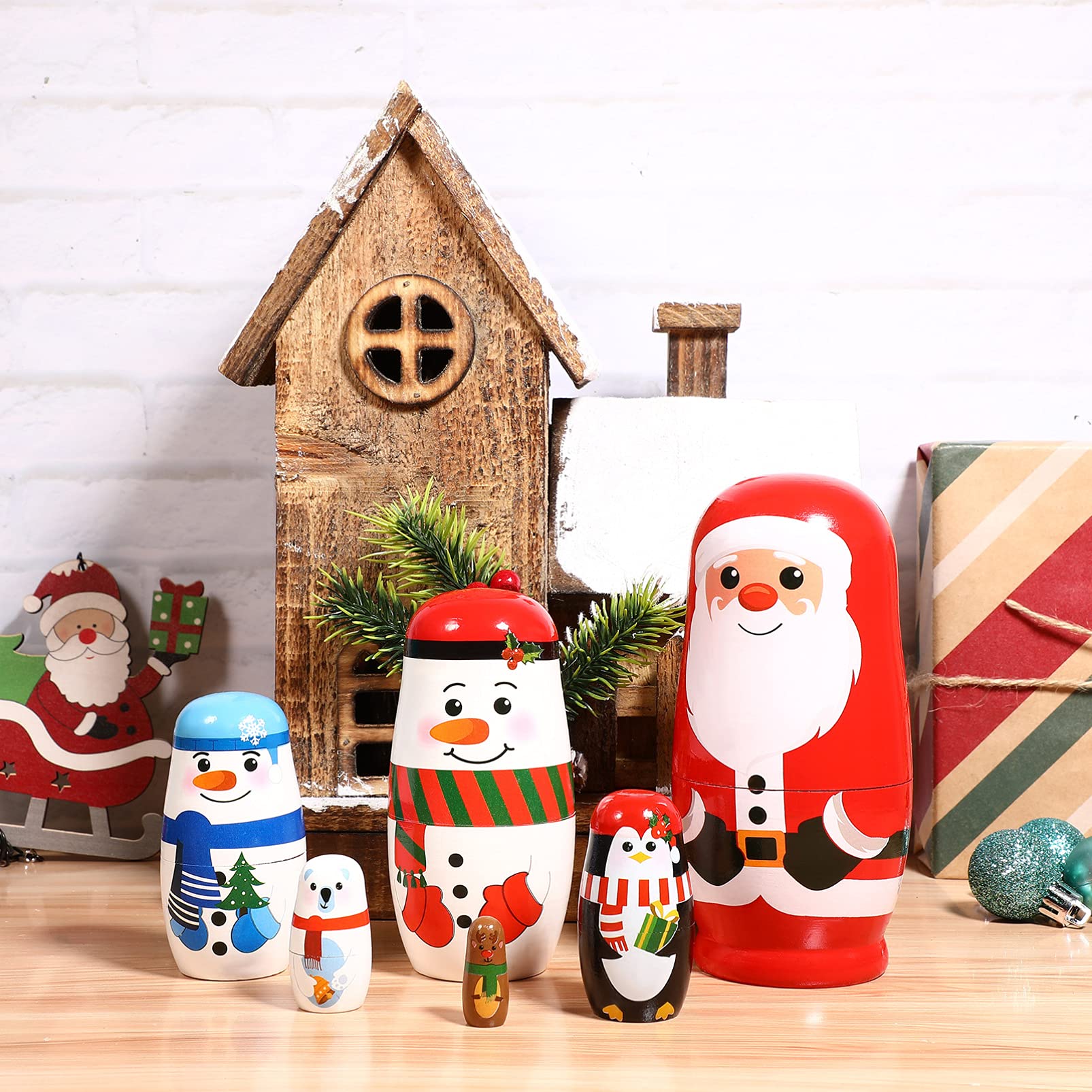 EXCEART Muñeca de Navidad de madera apilable de Navidad rusa Matryoshka muñeca de Navidad de madera nidada con Santa Claus alce muñeco de nieve oso polar pingüino para niños cumpleaños