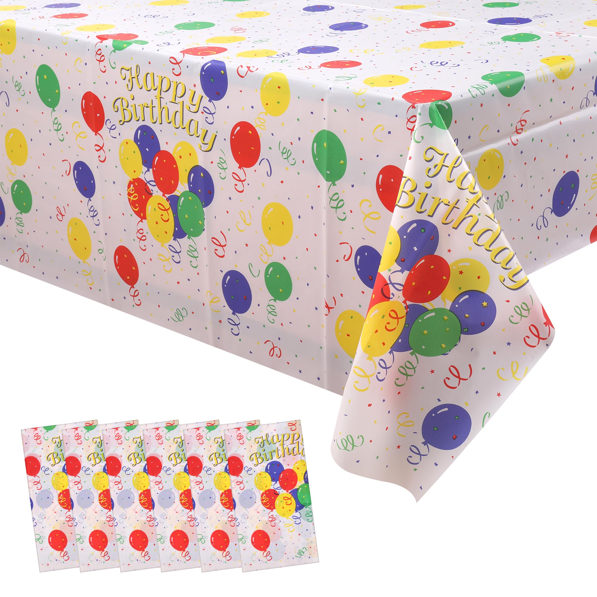 Trimming Shop 54" × 108" Disposable Plastic Table Cover - Waterproof, Rectangular, Vibrant Birthday Party Table Liner with Multicolour Balloons & Happy Birthday Print - Pack of 6 — image 1