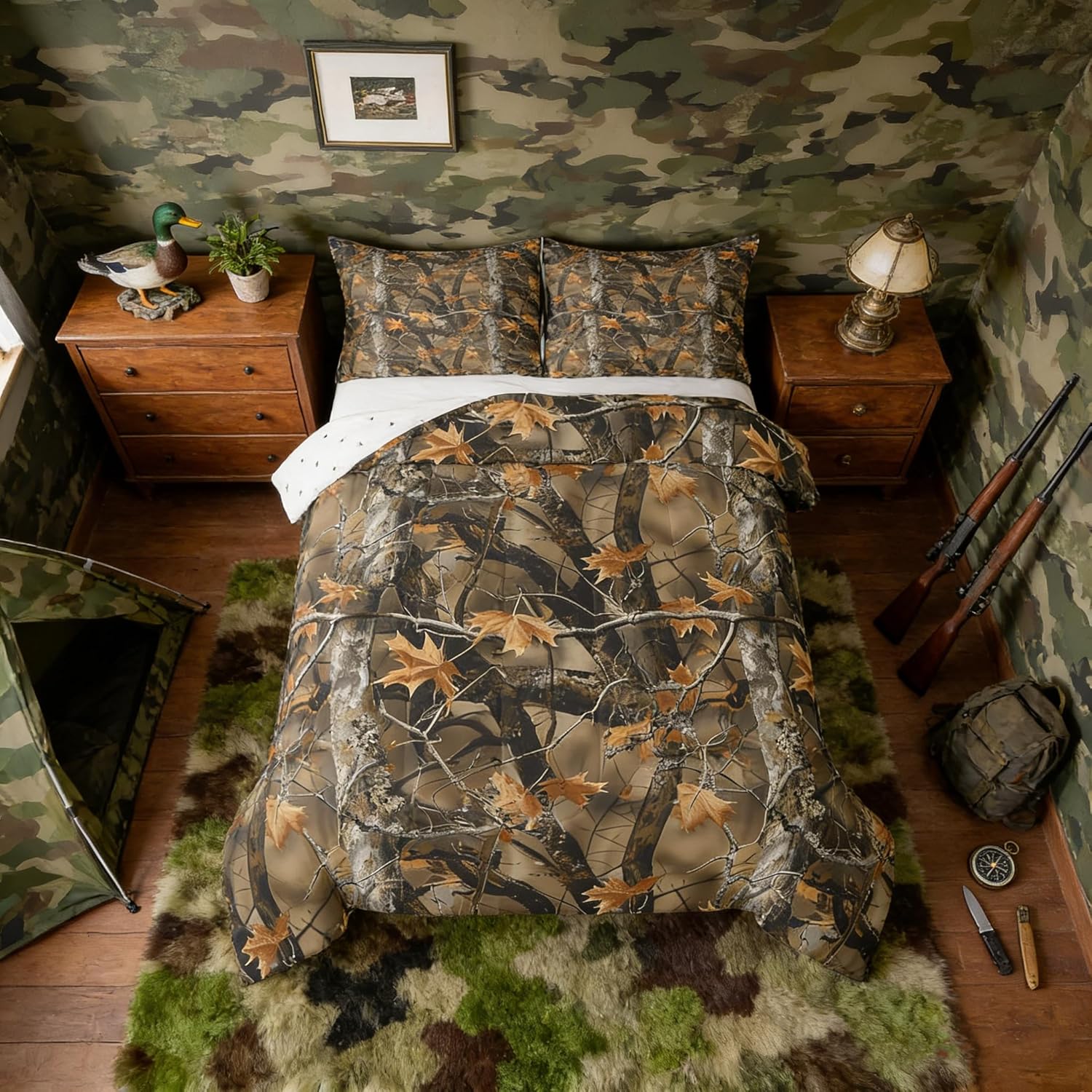 Feelyou Camo Comforter Set Queen Size for Men Boys Adults Kid Hunting Camouflage Tree Bedding Set Boho Cabin Hunting Down Comforter Forest Rustic Farmhouse Room Decor Quilt Set 2 Pcs