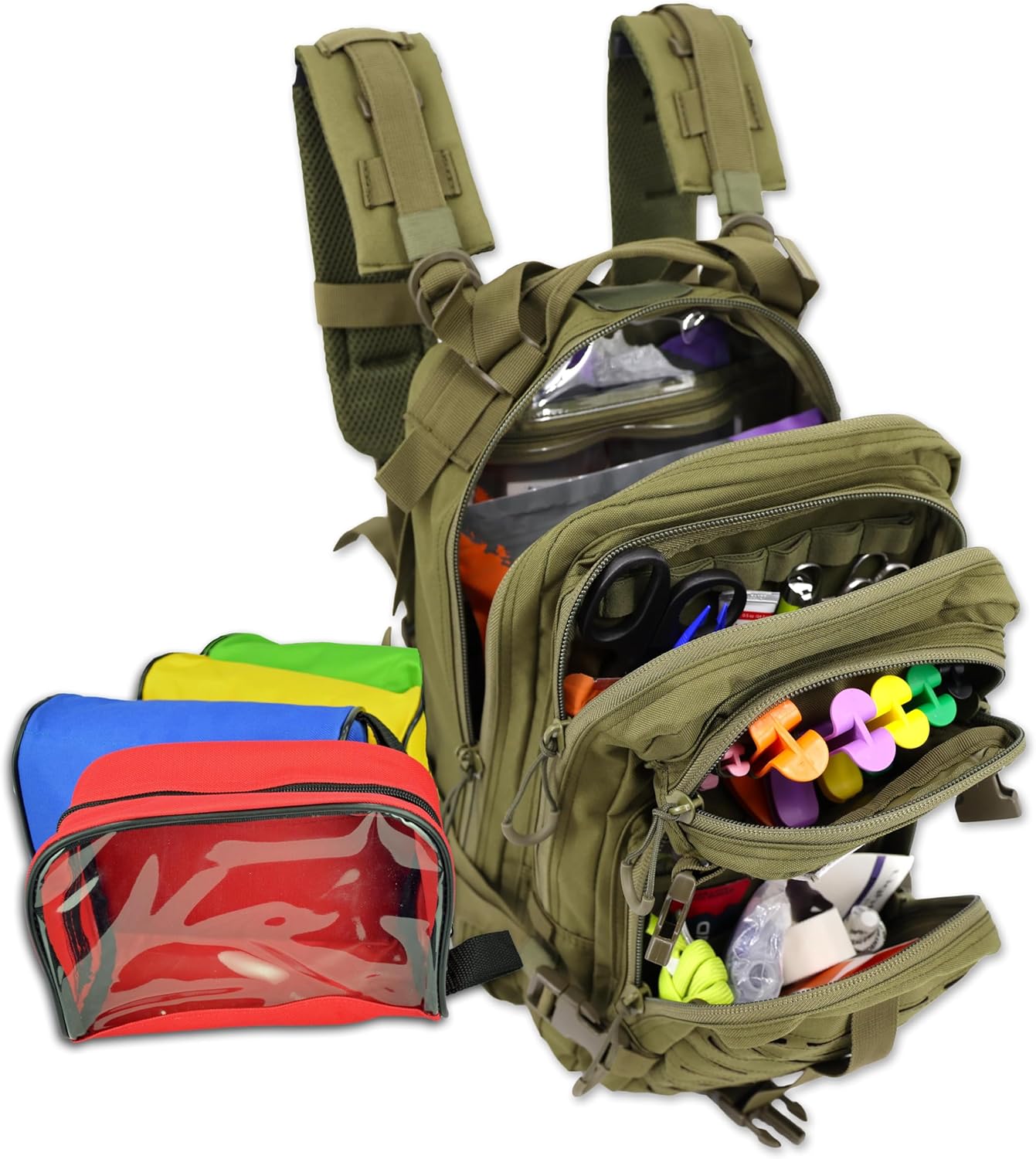 Lightning X Stocked EMS/EMT Trauma & Bleeding First Aid Responder Medical Backpack + Kit + Pouches – OD Green