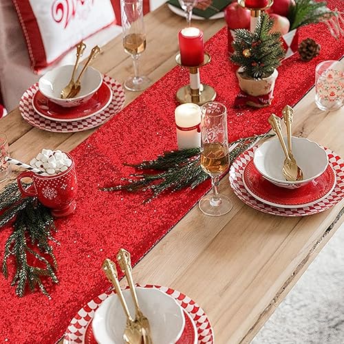 Miniatura 6 de yuboo Camino de mesa de lentejuelas rojas, caminos de mesa brillantes de 12 x 72 pulgadas, mantel con purpurina de primavera para fiesta del día de