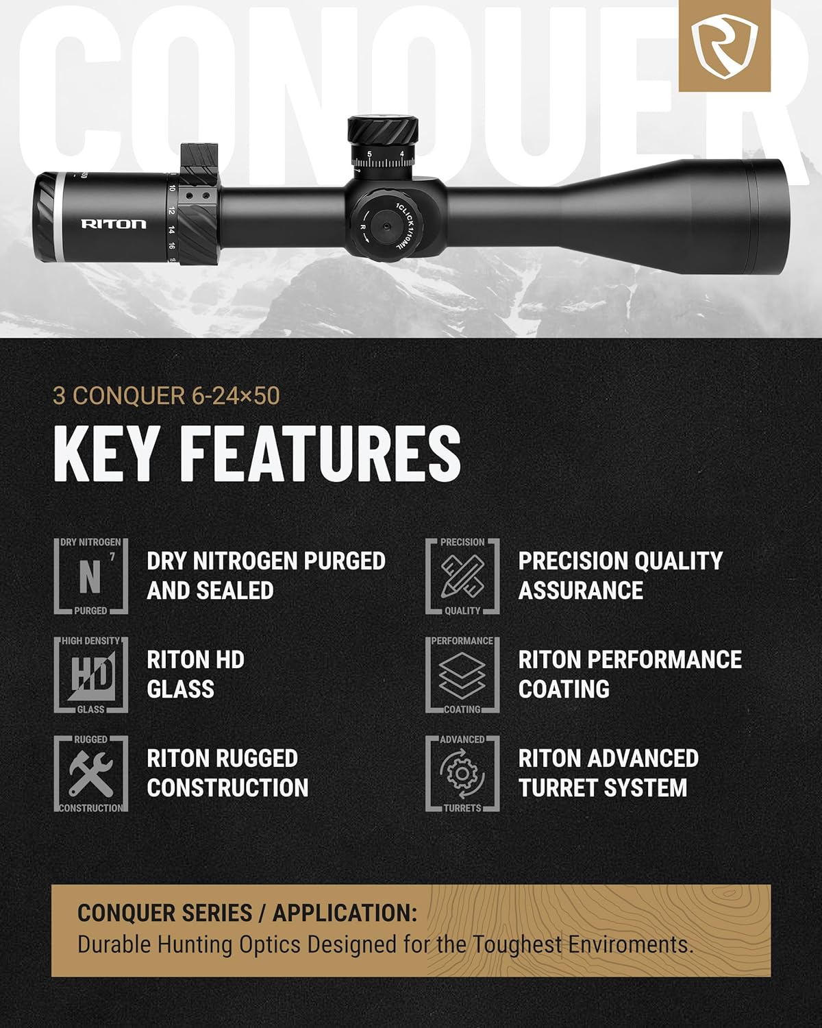 Riton Optics Series 3 Conquer 6-24x50 Riflescope - First Focal Plane HD Glass Illuminated Reticle with Integrated Removable Two Location Three Available Height Throw Levers