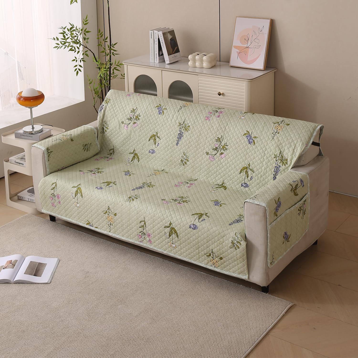 House of Quirk Polyester Sofa Cover Mat - Anti-Slip, Reversible Couch Protector for Pets - Machine Washable Furniture Protector (Green Floral, 175x170cm, Three Seater)-image-22