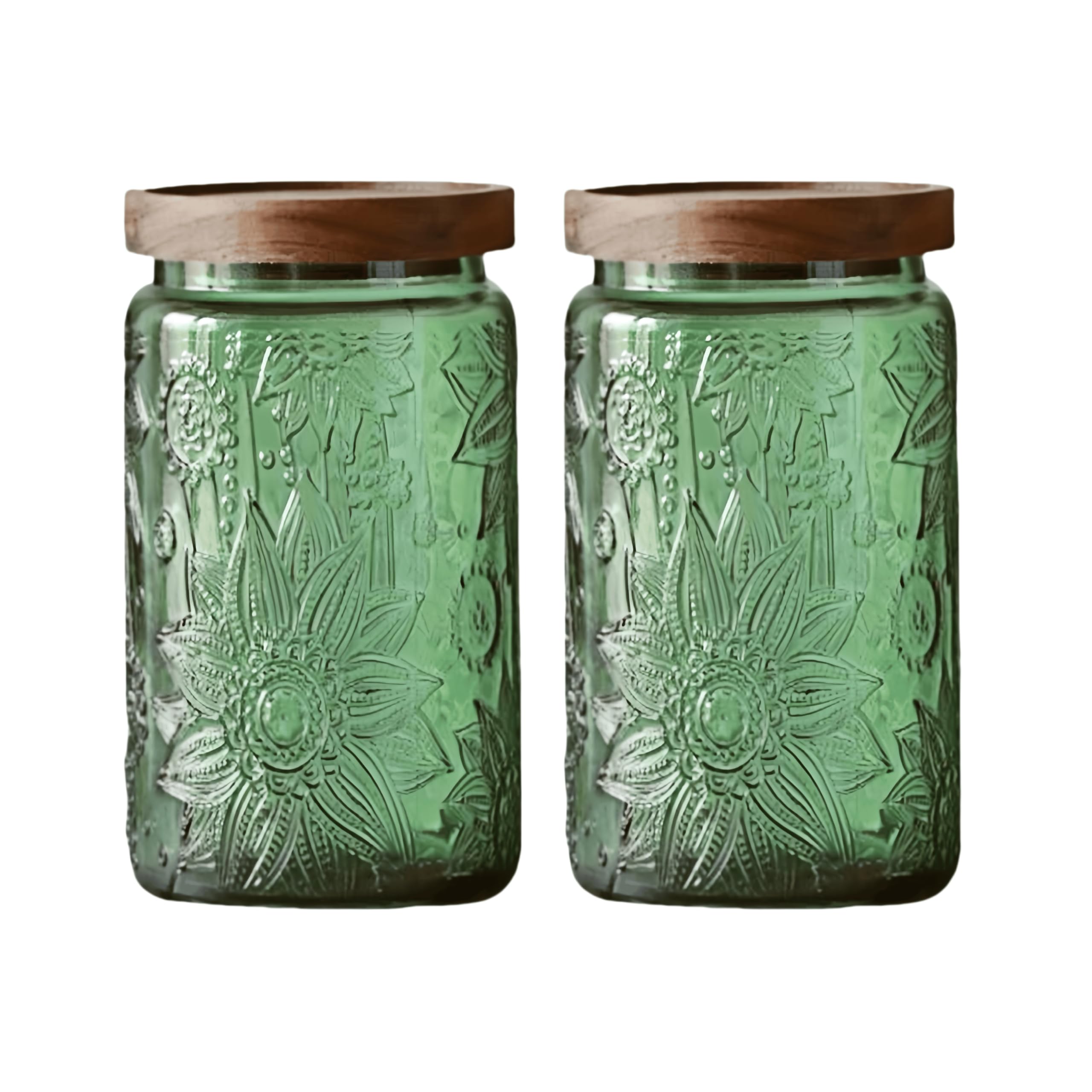 Set of 2 Vintage Glass Storage Containers, Green Glass Jars with Solid Wood Lids, 34 FL OZ Decorative Jars for Kitchen Storage Cabinets for Coffee,